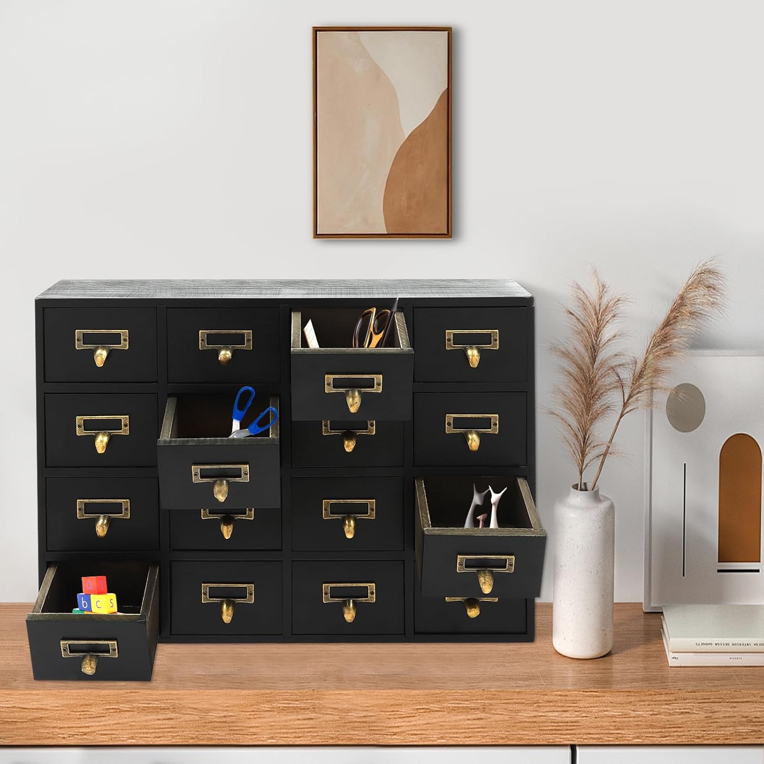 Wooden Desk Drawer Organizer, Vintage 16 Drawers Apothecary Cabinet, Library Card Catalog Cabinet, Coffee and Tea Organizer Drawer