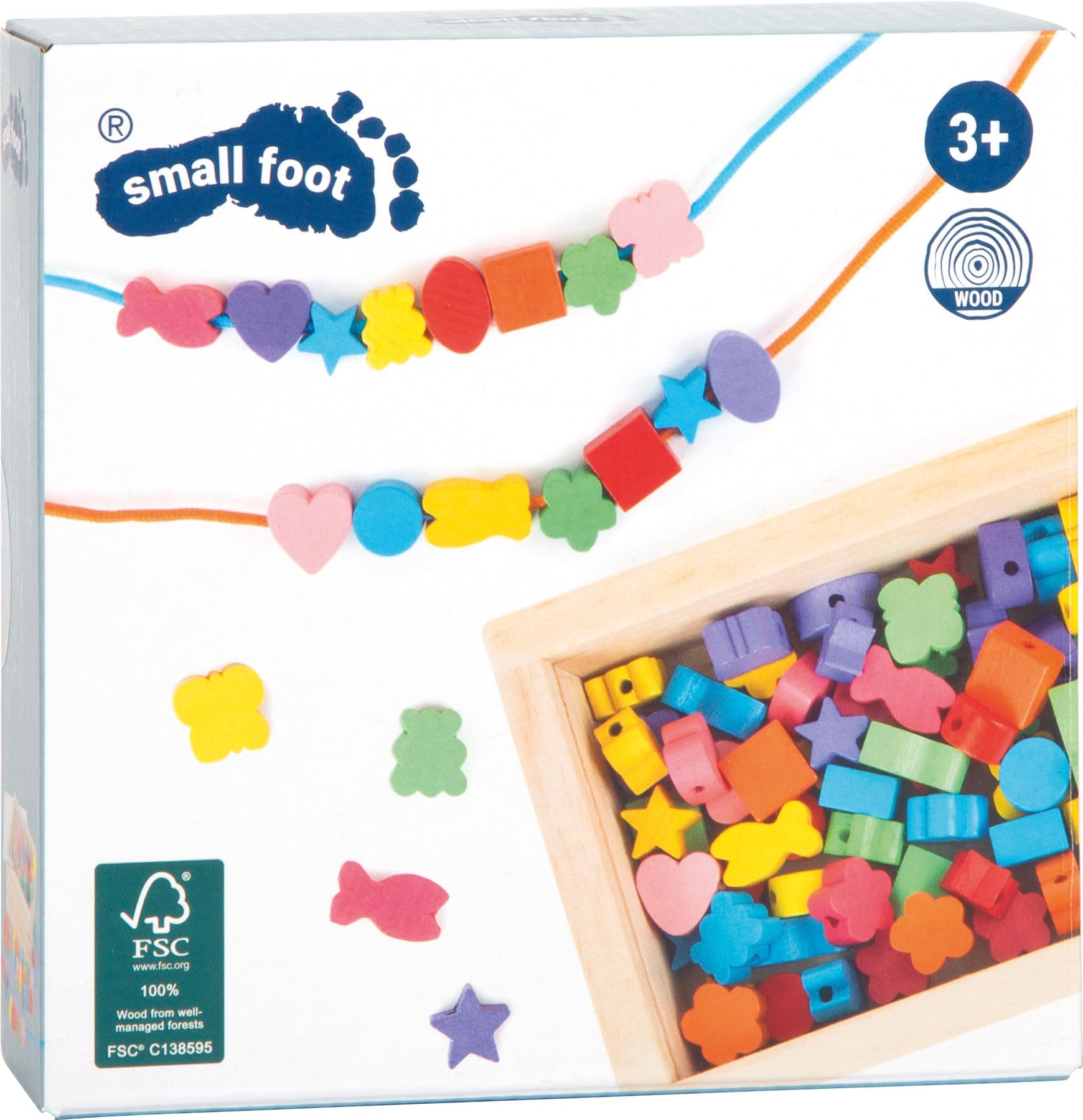 7594 Inserto creativo small foot, con perline di legno in molti colori e forme, nastri inclusi, a partire da 3 anni.