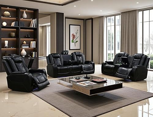 Miniatura 25 de Juego de sofá reclinable eléctrico y sofá biplaza, sofá reclinable de cuero negro con mesa desplegable, muebles de sala de estar, sofá reclinable
