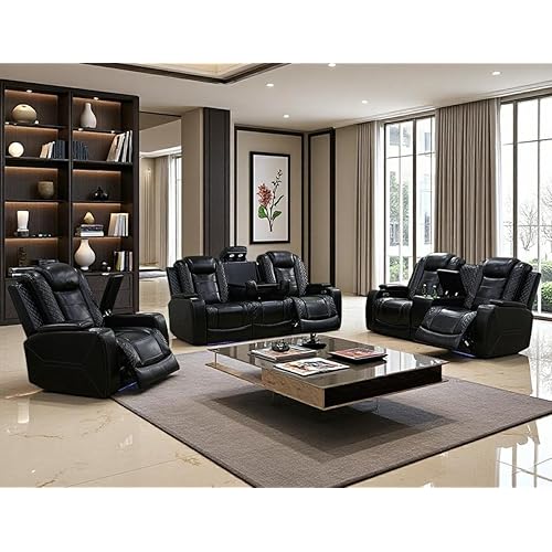 Power Recliner Sofa Set with Drop-Down Table, 3-Piece Leather Reclining Sofa Sectional Couches, Living Room Furniture Sets, Reclining Sofa with Cup Holders/Storage Console for House(Black)