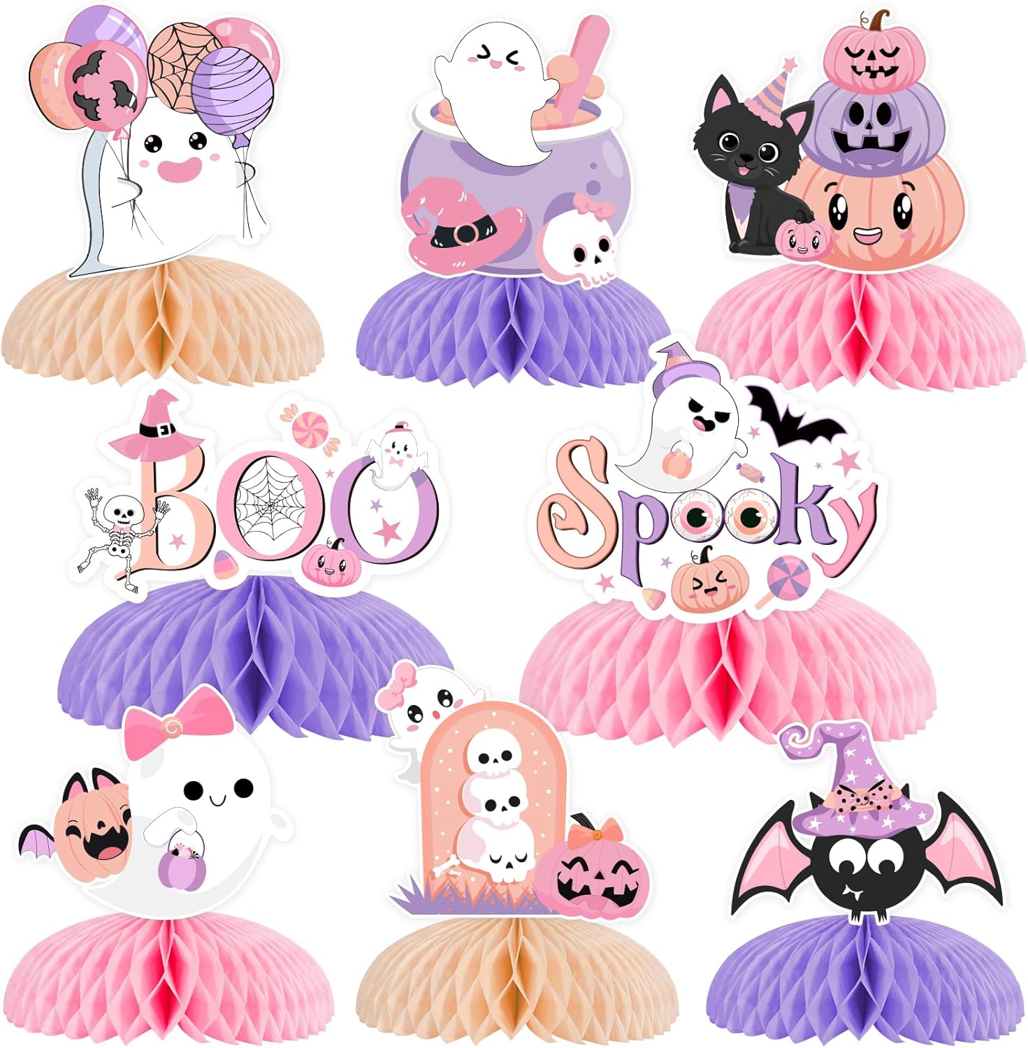 Pink Purple Halloween Party Decorations Girl 8pcs Halloween Party Honeycomb Centerpiece Spooky Boo Ghost Bat Halloween Table Topper Decorations for Spooky One Birthday Happy Boo Baby Shower