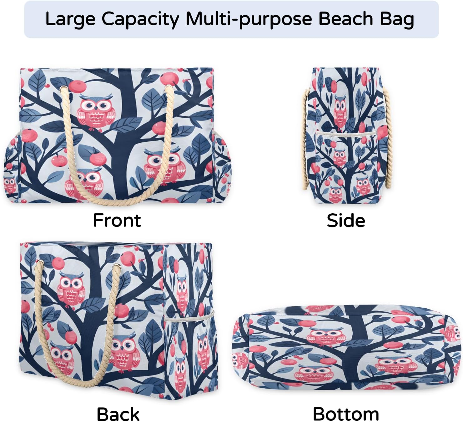 Hand Painted Fruit Tree Owls Beach Bag for Women Waterproof Sandproof Tote with Zipper Cotton Rope Handles for Travel Pool Gym Shopping