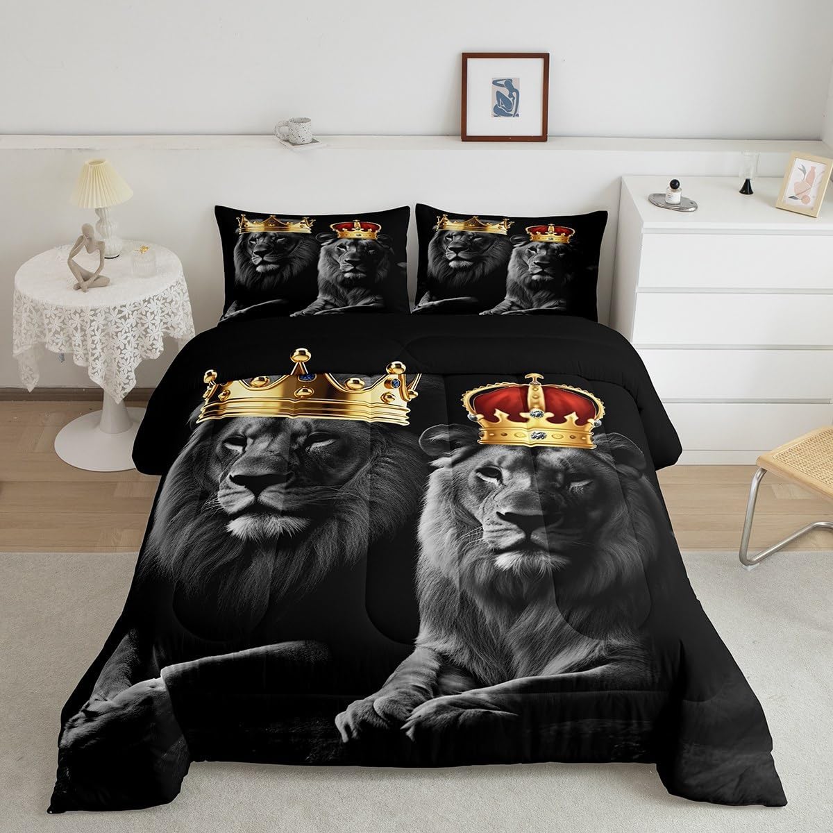 3D Lion Couple Comforter Set King Size,Lover Queen and King Crown Bedding Set for Women Men Teens Room Decor,African Wild Animals Quilt Set Adult Valentine's Day Duvet Insert,2 Pillowcases - Image 6