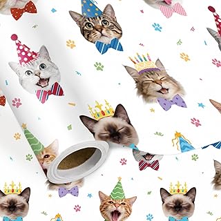 LeZakaa Funny Birthday Cat Wrapping Paper Roll, Party Hat & Bowtie Cat Pattern Gift Wrap for Kids Birthday, Pet Lovers, Party Gifts, Mini Roll 17 in x 16.4 Feet