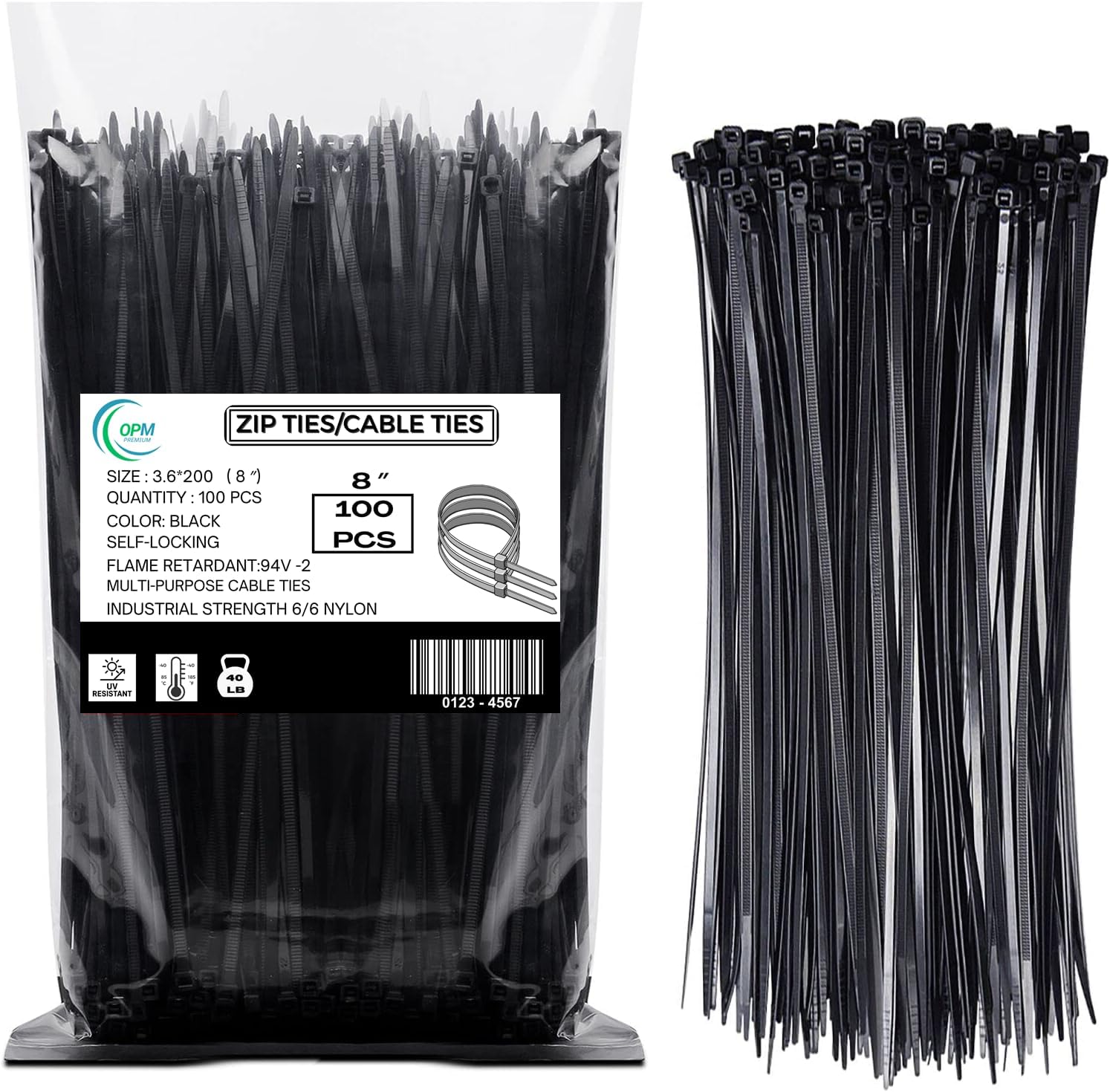8 Inch Black Zip Ties Heavy Duty 40LB | Nylon Cable Ties for Cable Management, Electrical & Garden Use | UV & Heat Resistant Self-Locking Griplock Ties–100 Pack Durable Wire Fasteners by OPM Premium