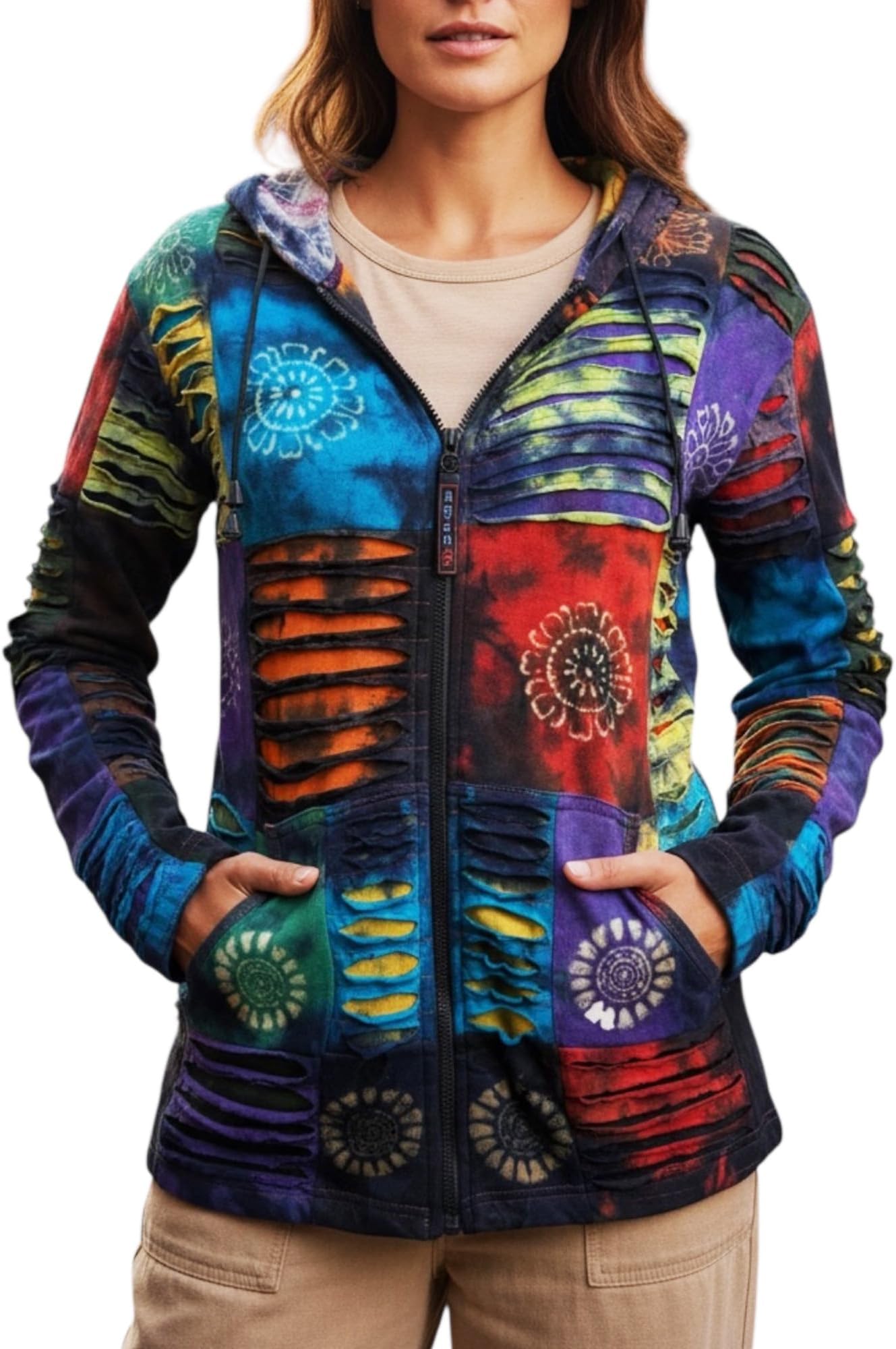 Women's Fashion Zip Up Hoodies & Sweatshirts - Auspicious Symbols Multi-Colored Patched Zip Up Jackets for Women