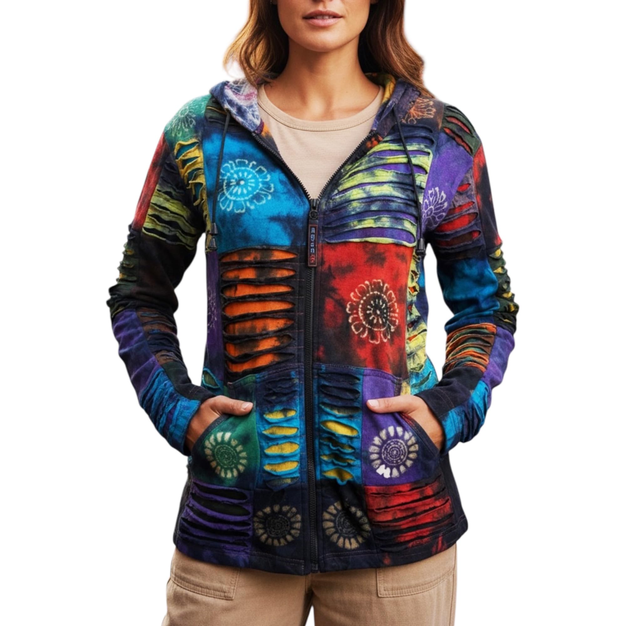 Women's Fashion Zip Up Hoodies & Sweatshirts - Auspicious Symbols Multi-Colored Patched Zip Up Jackets for Women