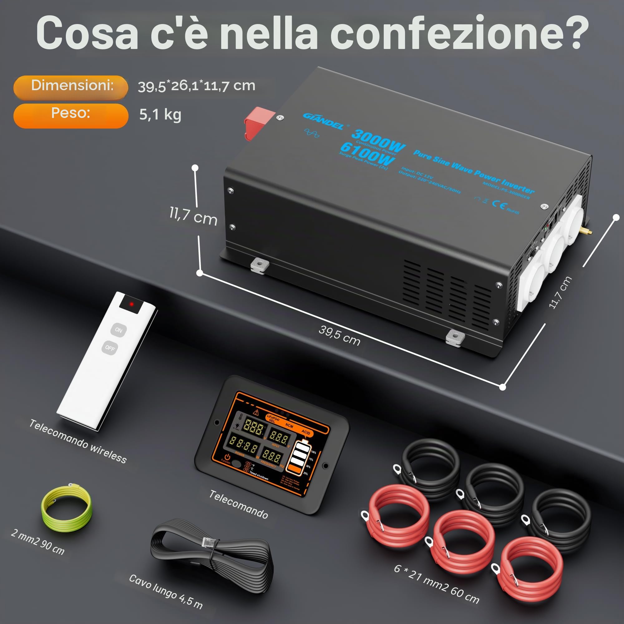 GIANDEL 3000W Inverter Onda Sinusoidale Pura 12V a 230V per RV e Off-Grid | Convertitore di tensione con picco 6100W, telecomando LED e tensione regolabile per elettrodomestici, casa, camper e solare
