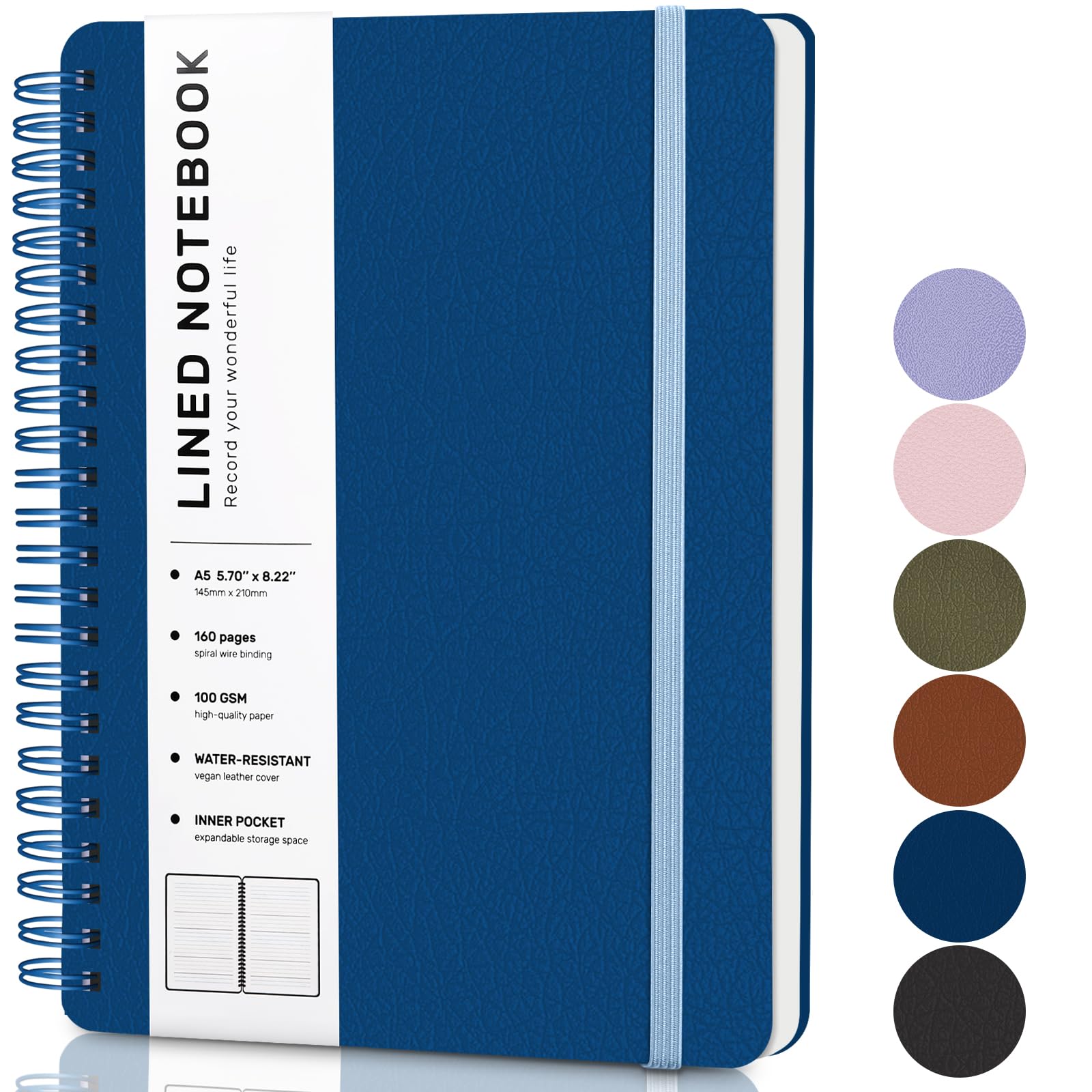 ABERLLS Blue Lined Spiral Journal Notebook with 160 Pages, 8×5.7in, A5 Spiral Notebook, Journaling Notebooks for Work, School, Women, Men, College Ruled Spiral Notebook, Hardcover Leather Journals