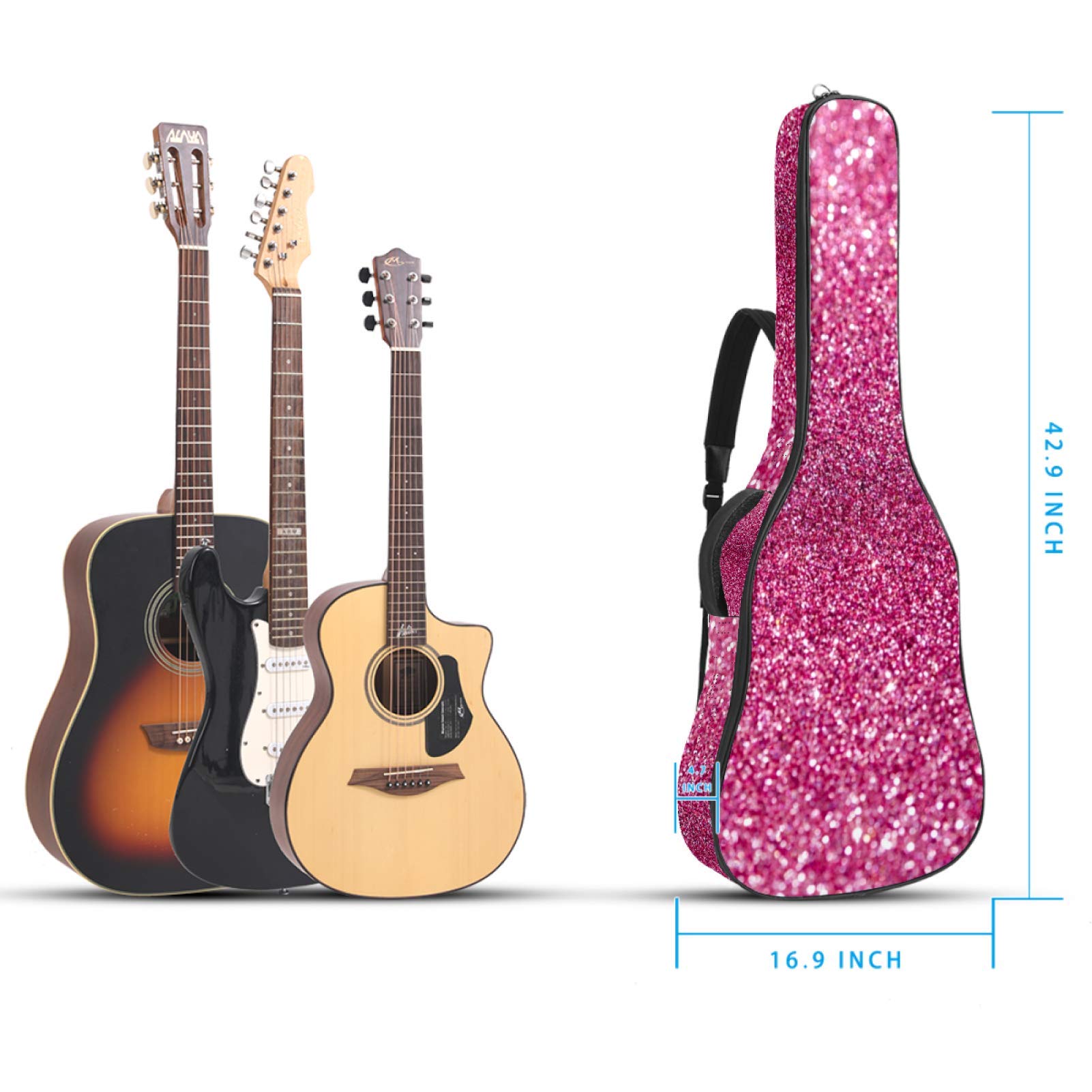 Housse de transport imperméable à fermeture éclair souple pour guitare acoustique, basse et folk classique, rose effet paillettes