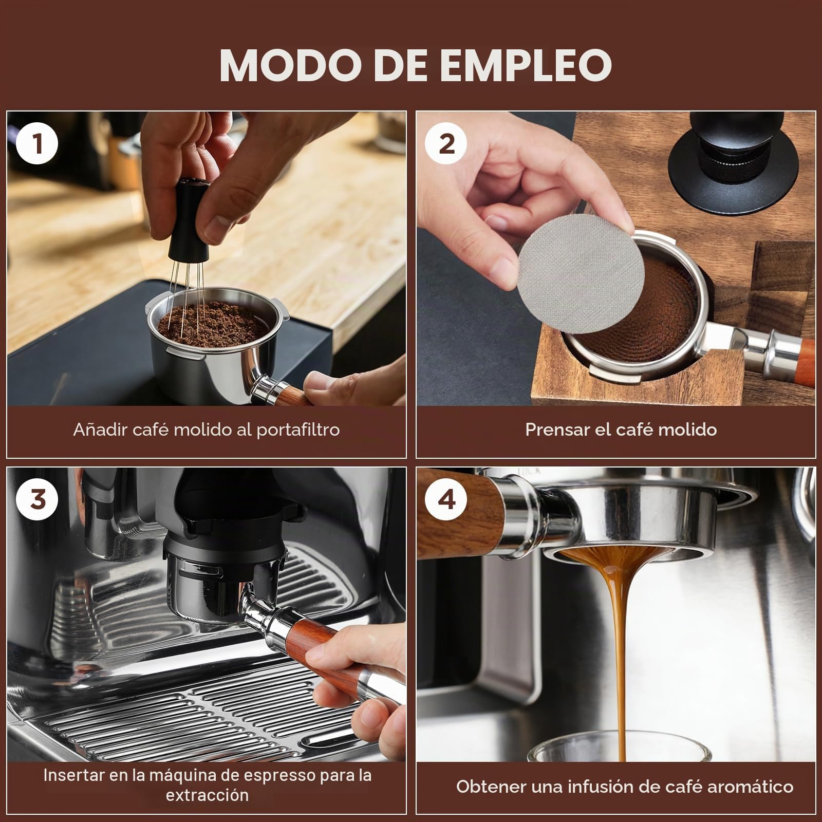 Romon Portafiltro Sin Fondo 51mm, Accesorio con Mango de Noyer y Acero Inoxidable, Compatible con Delonghi EC680/EC685/EC885/EC890, 3 Orejas