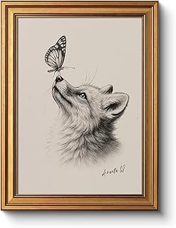 Vintage Fox and Butterfly Gold Framed Wall Art 12x16, Classic Animal Illustration Sketch Beige Canvas Print, Rustic Neutral Wildlife Drawing Artwork, Nursery Farmhouse Bedroom Cottage Décor