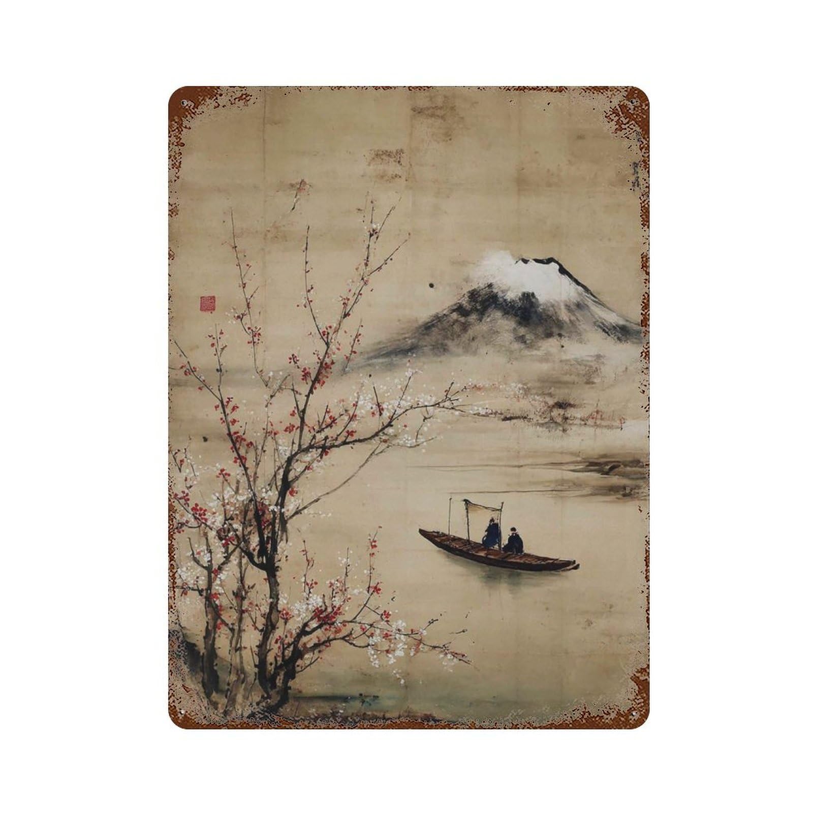 xiaoxiaoshen Japanese Landscape Mount Fuji Cherry Blossom Ink Painting Traditional Asian Rive Wall Decor Art Metal Tin Poster Modern Home Decor Art Home Bar Shop Decorations Vintage Sign 40x30cm