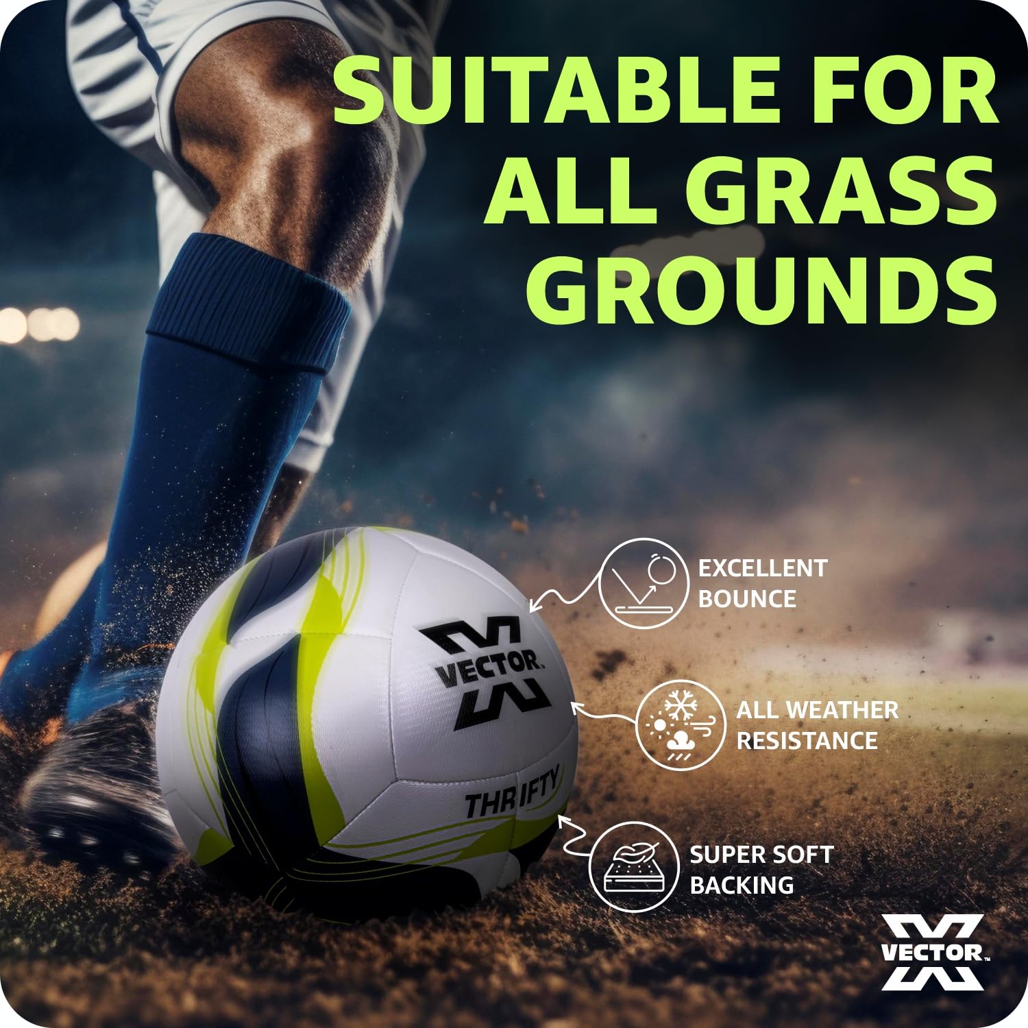 Vector X Thrifty Textured TPU Machine Stitched Football/Suitable for Soft & Wet Ground, Hard Ground with Grass & Artifical Turf, Training Match Ball, Size: 5 (Pack of 1) White-Green 4