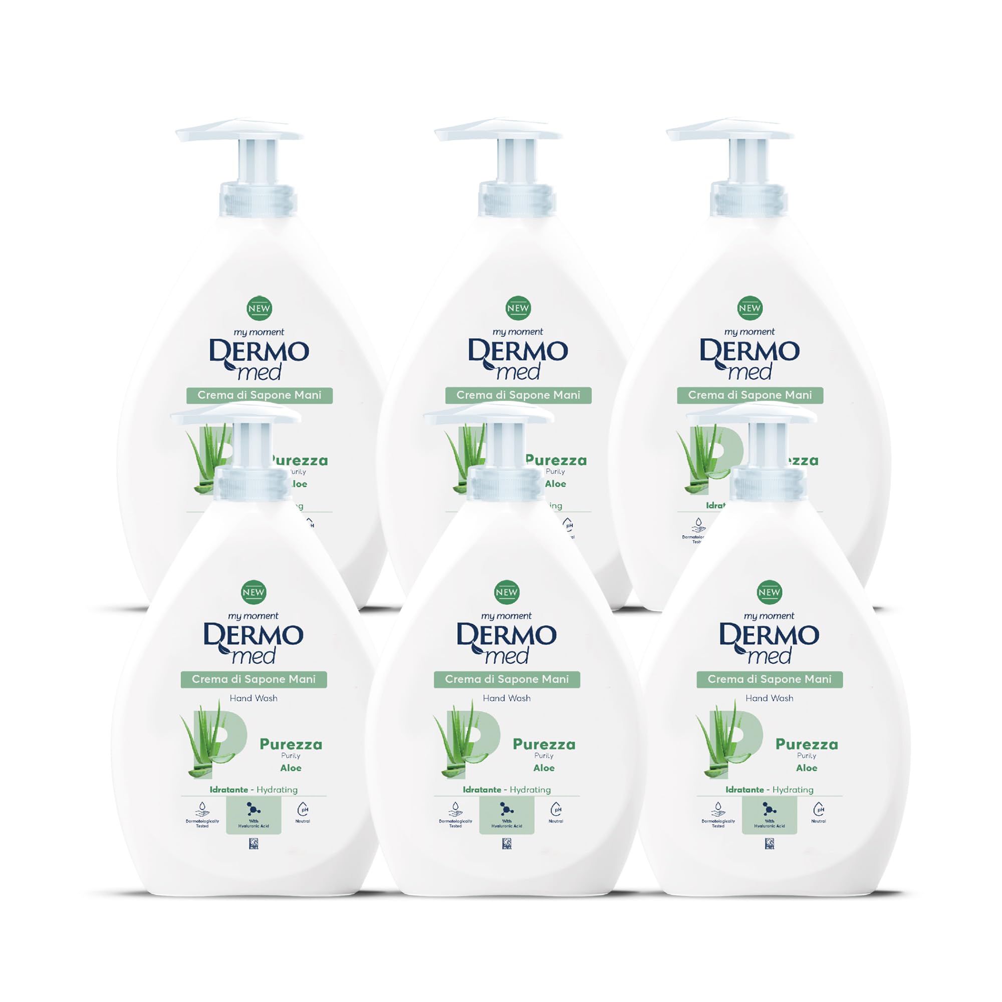 Dermomed Sapone Liquido Mani Purezza all’Aloe con Acido Ialuronico e Glicerina, Idratante e Emolliente, Freschezza e Note Fruttate, Dermatologicamente Testato, pH Neutro,600 ml x 6