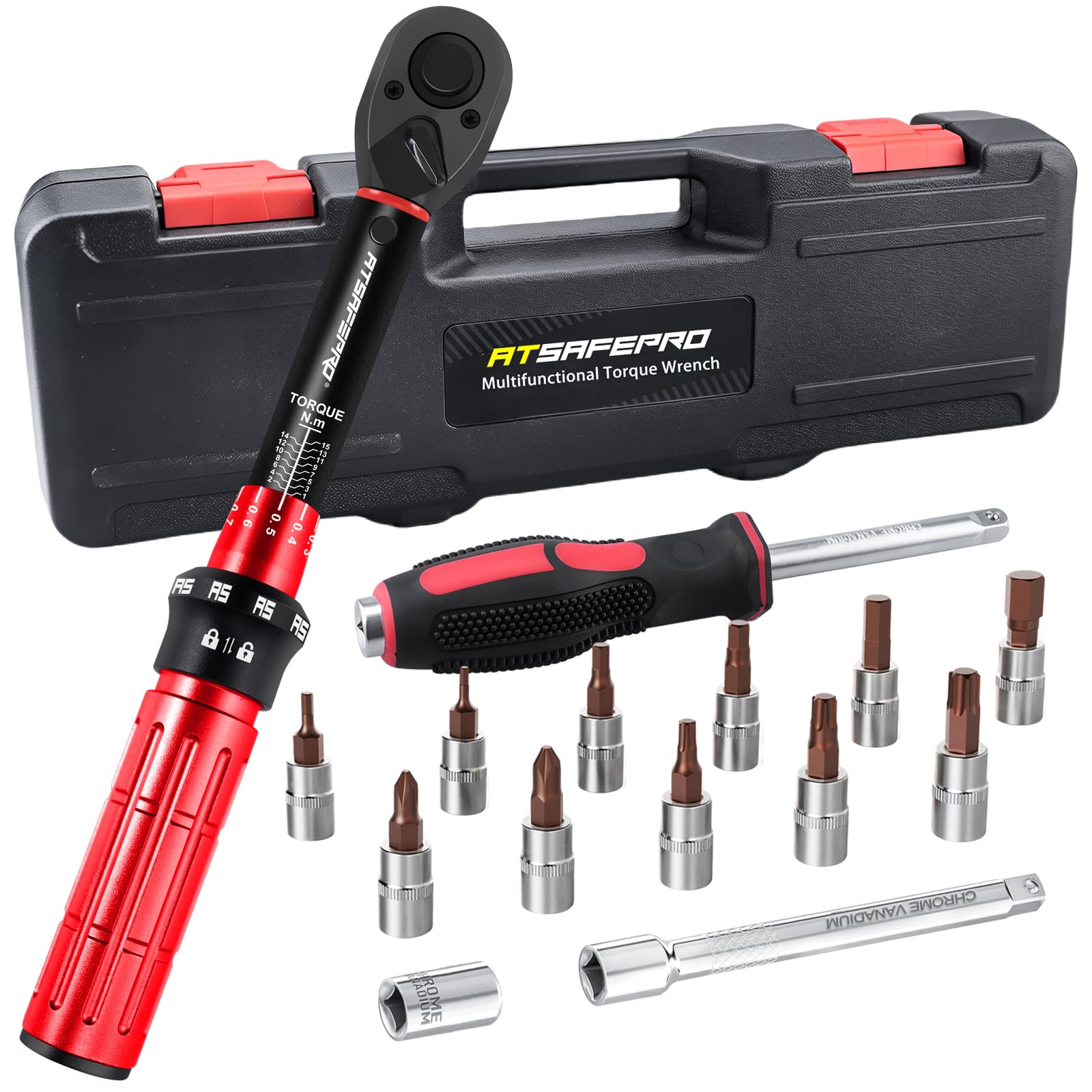 ATsafepro 17-teiliges Drehmomentschlüssel Set 1/4 Zoll,1-15 Nm Drehmomentschlüssel Fahrrad,inkl. 11 Bits, Schraubendreher, 1/4''-Stecknuss, 3/8'' Adapter &10 cm Verlängerung,±3% Genauigkeit, 72T