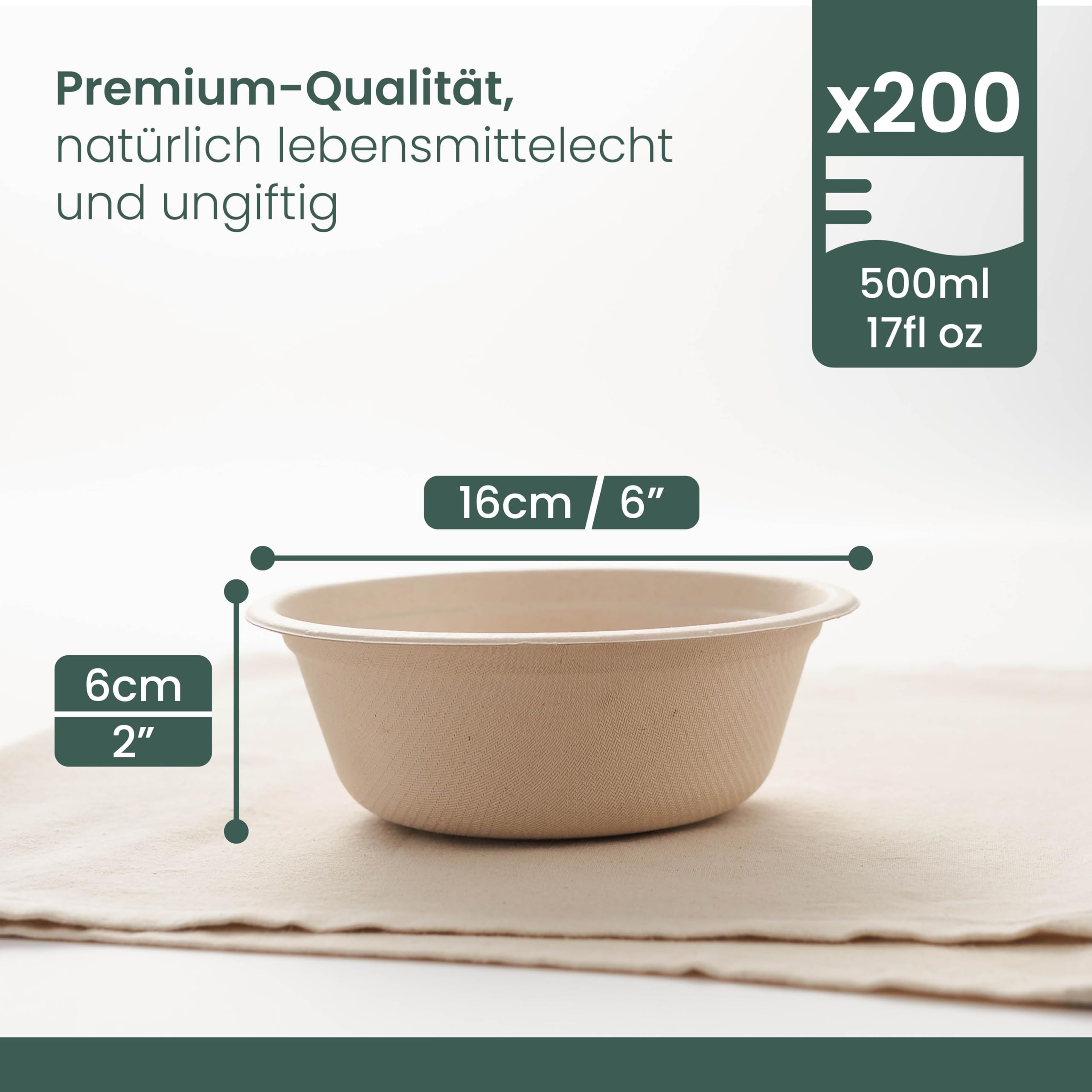 HAAGO 200 Umweltfreundliche Zuckerrohrschalen Biologisch abbaubar & Kompostierbar - wie Pappschalen, Einwegschalen für heiße und kalte Speisen - 500ml