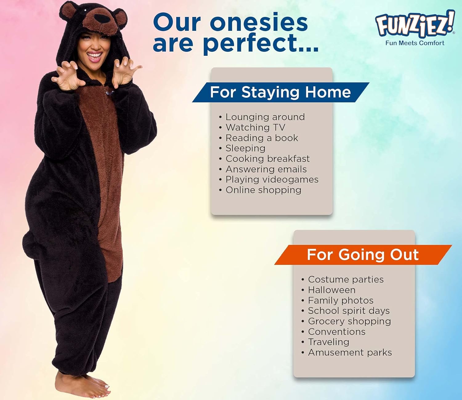 Funziez! Sherpa Bear Adult Onesie - Animal Halloween Costume - Plush Teddy One Piece Cosplay Suit for Adults, Women and Men - Image 5