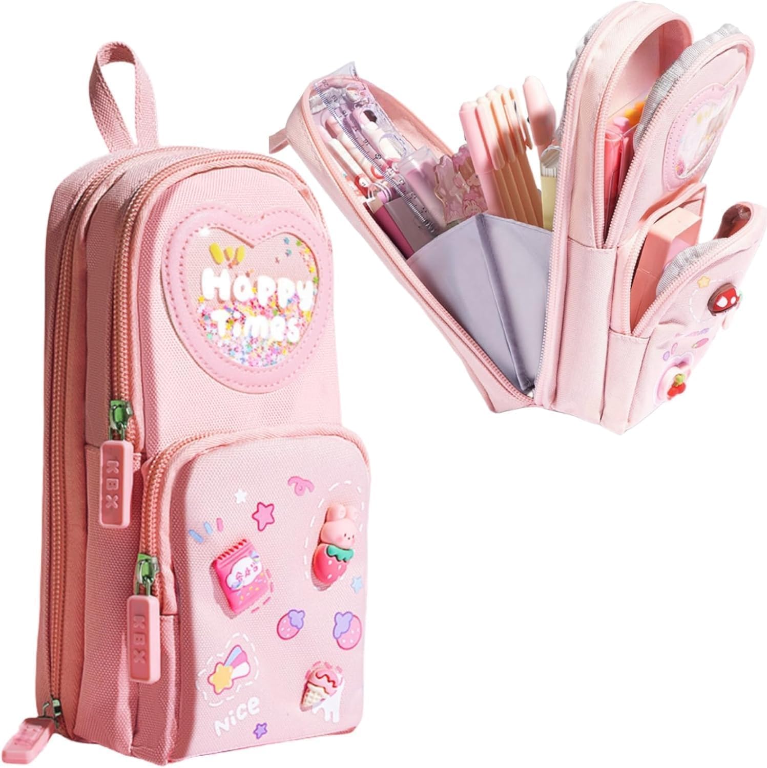 Canvas Premium Pencil Case 6 Layer with 3 Compartment Cute Aesthetic Pencil Case for Girls Large Capacity Pencil Pouch for School Kids Cute Stationary Gift, Happy Pink