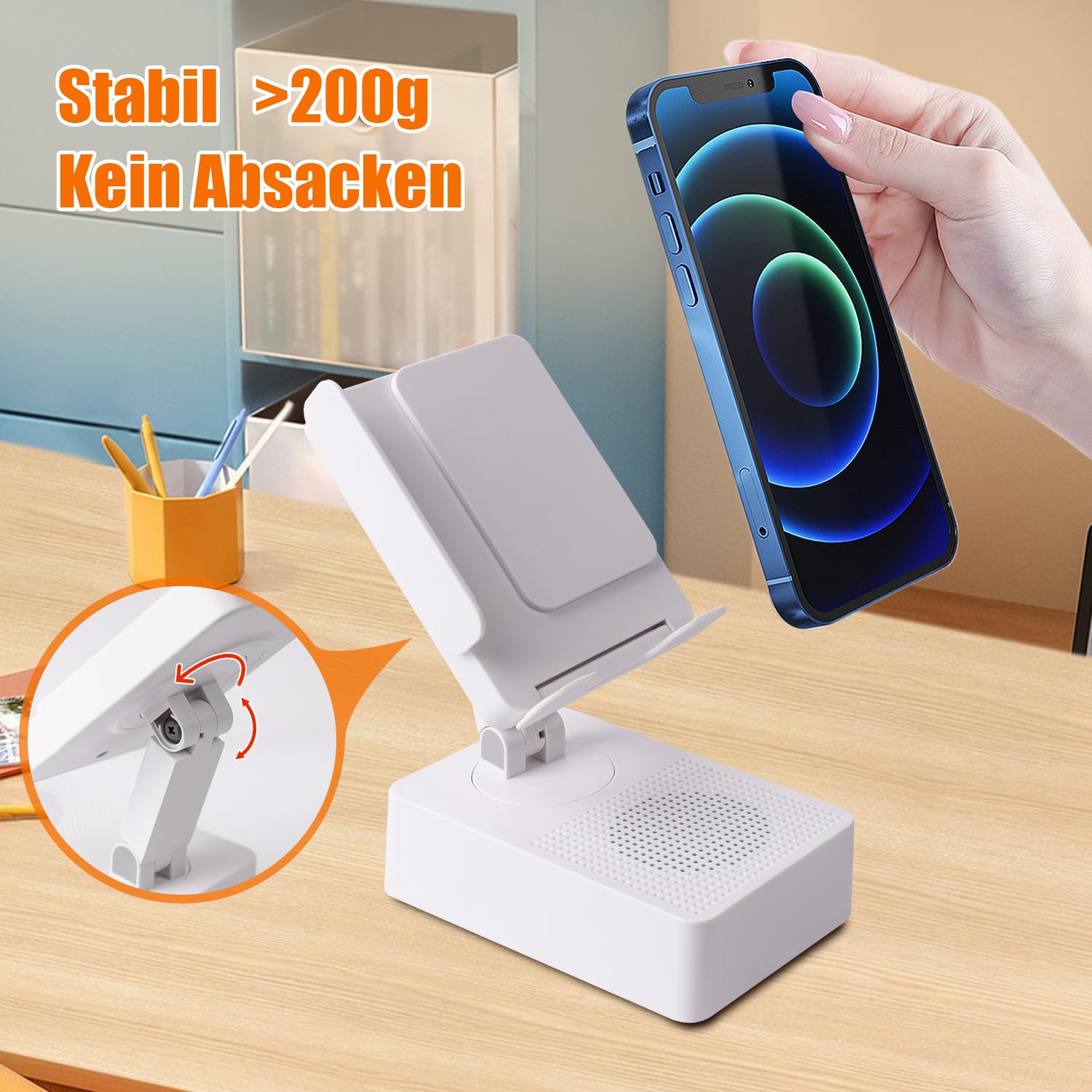 EDUPLINK Altoparlante Bluetooth con supporto per cellulare, induttivo e regolabile a 270°, per smartphone Samsung, altoparlante per cucina, ufficio, anziani, regalo per uomini, nero (bianco)