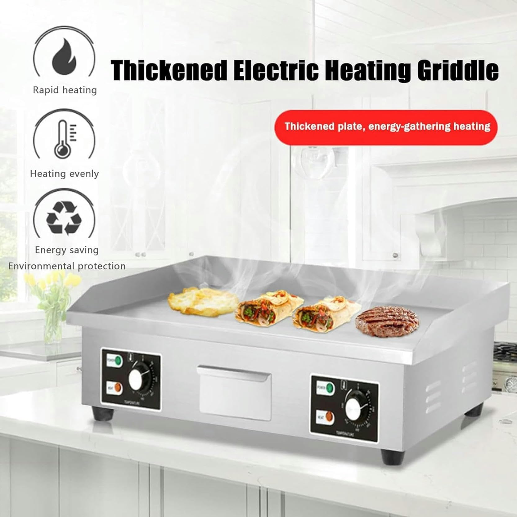 Piastra Elettrica in Acciaio Inox Antipasto Professionale Piastra di Cottura Elettrica Anti-Schizzo, Griglia Plancha Elettrica con Superficie 66x40cm/73x40cm da 50℃ a 300℃ per Casa Lesterno-1pc