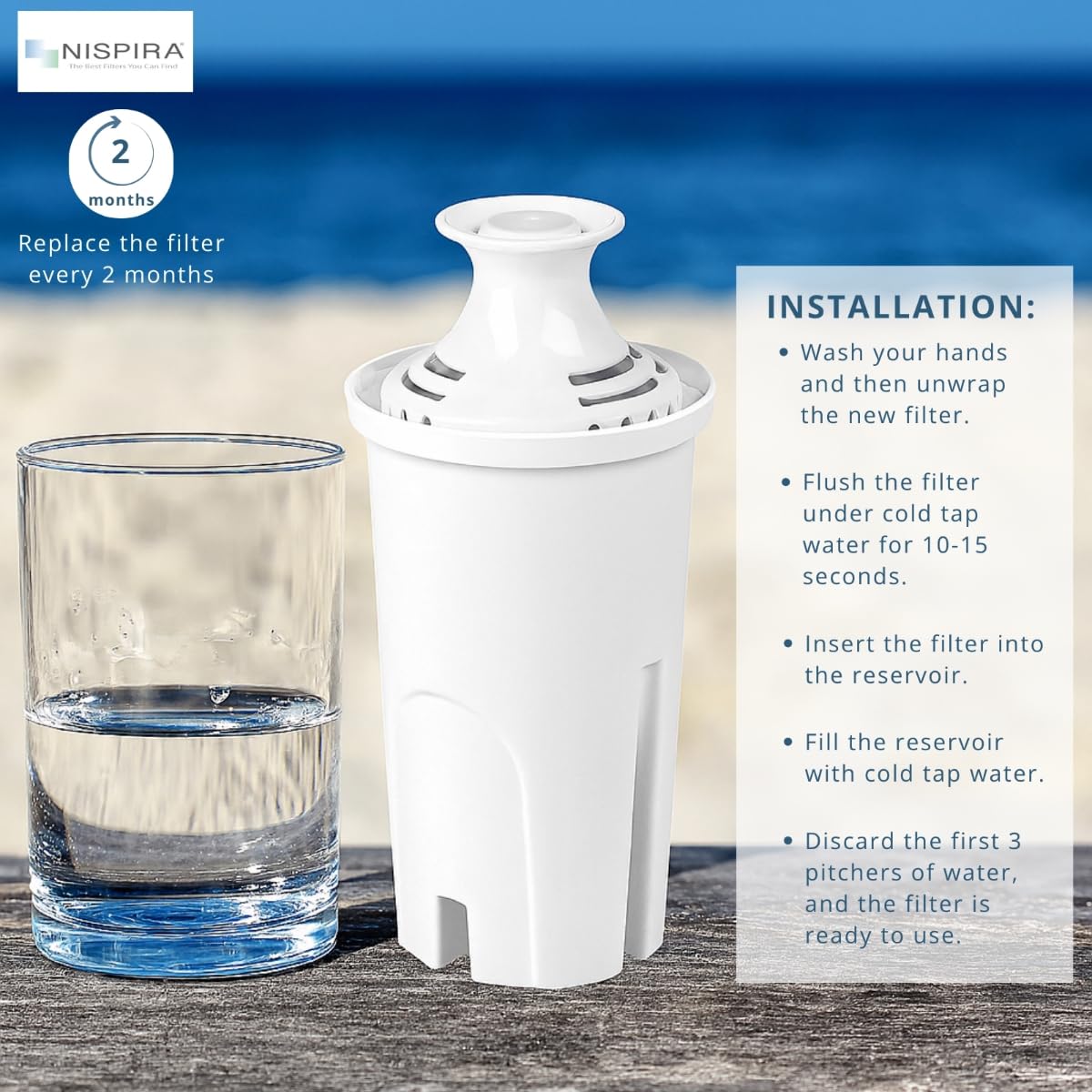 Nispira OB03 - Filtro de agua de repuesto para jarras y dispensadores de agua Brita, Classic 35557, Mavea 107007, elimina cloro, plomo, olor, reduce el color, la dureza del agua, 6 paquetes