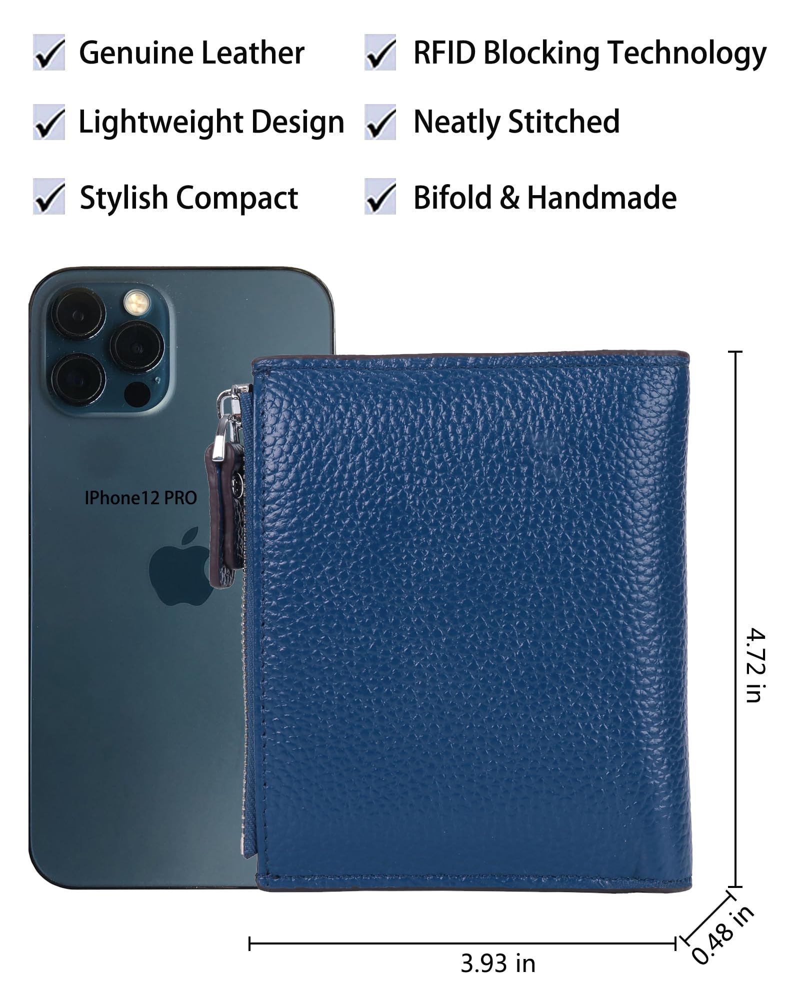 Cartera de piel con cierre RFID para mujer, tamaño pequeño, compacto, con cierre doble, con ventana de identificación, azul (Azul Lichee), Talla única