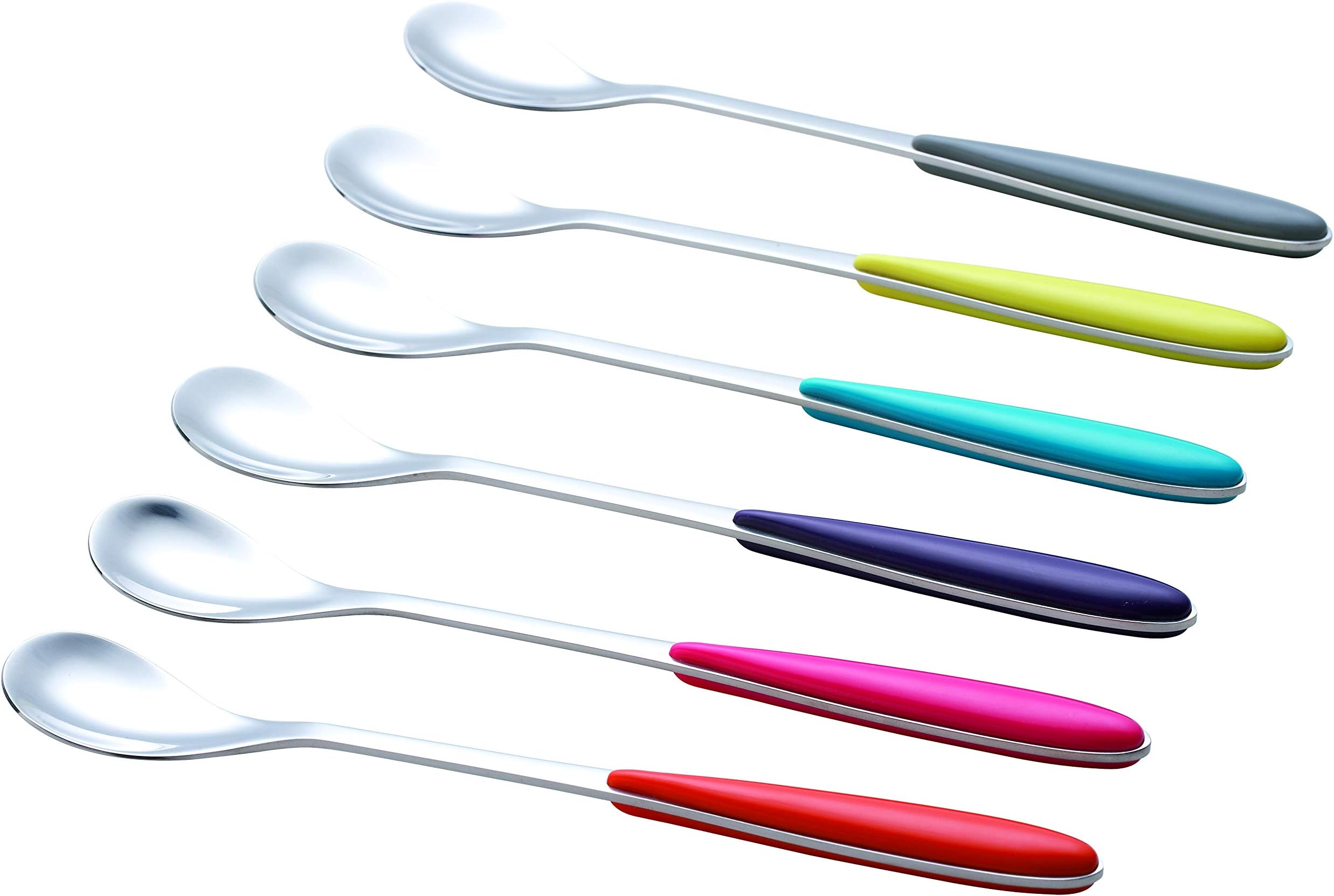 Exzact Ice-Cream Sundae Spoon 6pcs Stainless Steel Assorted Colours - Long Handle, Latte Spoon, Ice Tea Stirring - Coffee, Dessert, Hot Chocolate