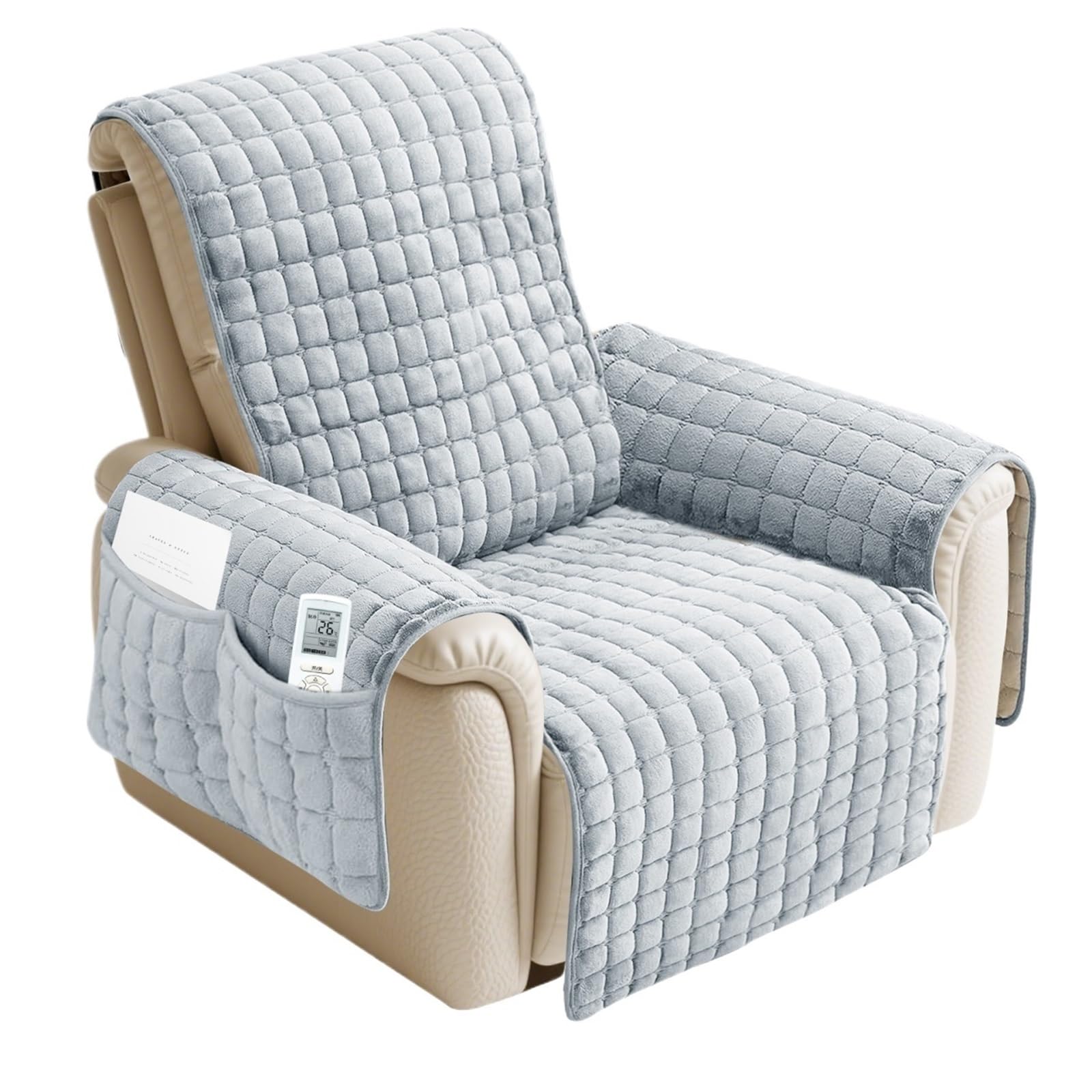 WJIAYAO Thick Plush Recliner Chair Cover 1 Seater Sofa Covers Flannel Plush Armchair Slipcovers with Side Pockets Relax Non Slip Mat Home Chair Cover Decor(Light Grey)