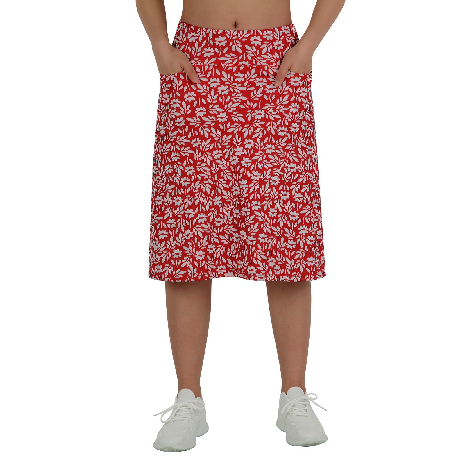 beroy Jupe-Short mi-Longue pour Femme avec 3 Poches, Jupes modestes pour Femme, Longueur Genou de 61 cm, Motif Floral Rouge et Blanc., Taille L