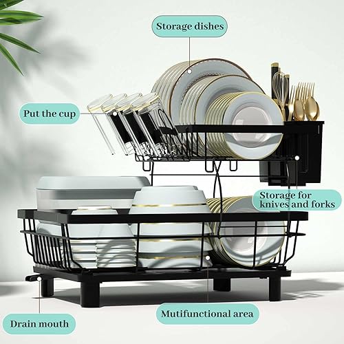 Miniatura 2 de BUDO Escurridor de platos, estante de platos de acero inoxidable de 2 niveles con tabla de drenaje, utensilios extraíbles y soporte de