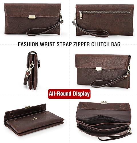 Vista 17 de Funda de piel de grano superior para hombre y mujer, múltiples bolsillos/ranuras, RFID de gran capacidad para tarjetas, cheques, dinero, pasaporte