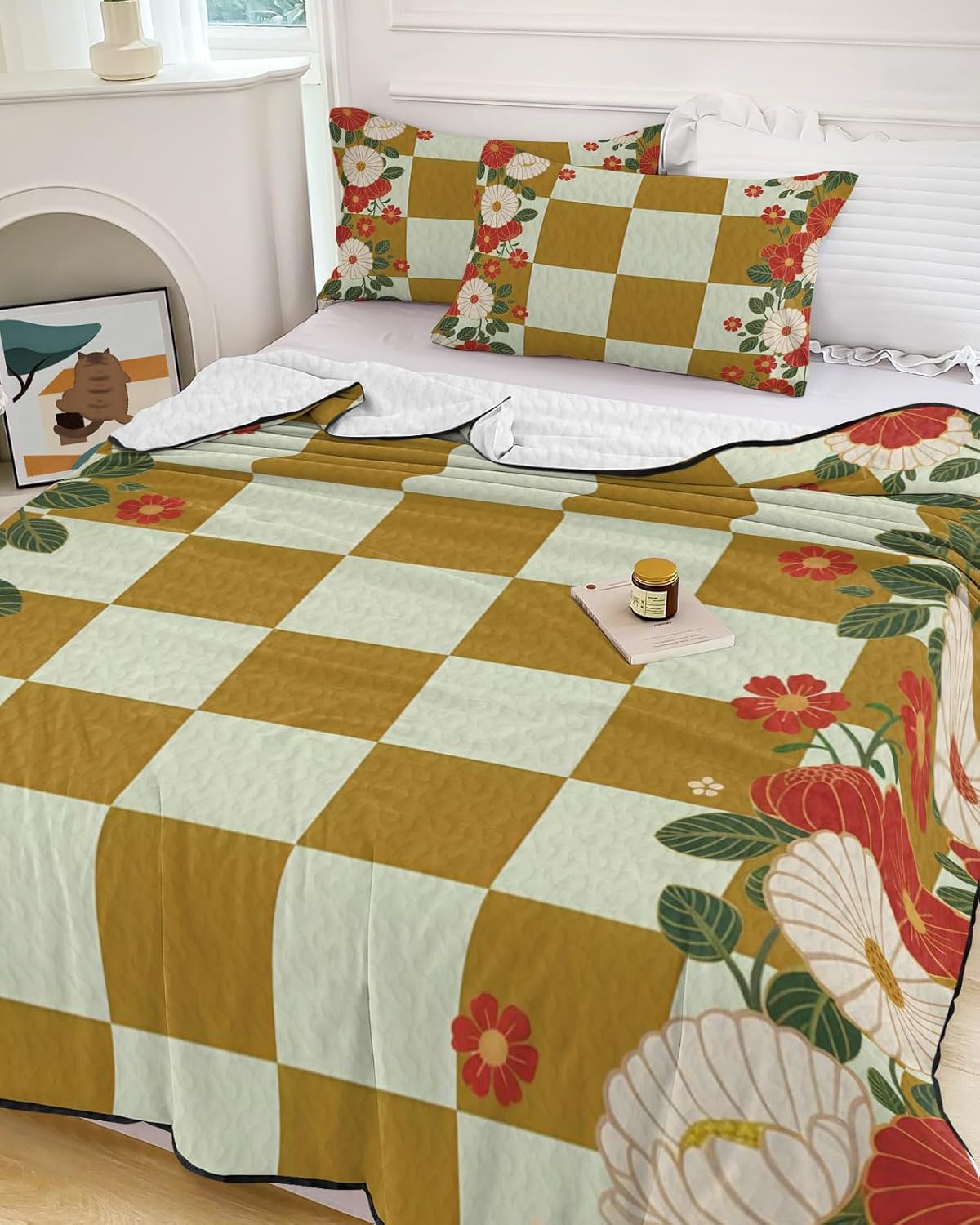 Twin XL Size Quilt Set, Japanese White Red Flowers Lightweight Bedspread Coverlet Set Soft Microfiber Summer Quilt with 2 Pillow Shams, Yellow White Plaid 3 Piece Comforter Bedding Set
