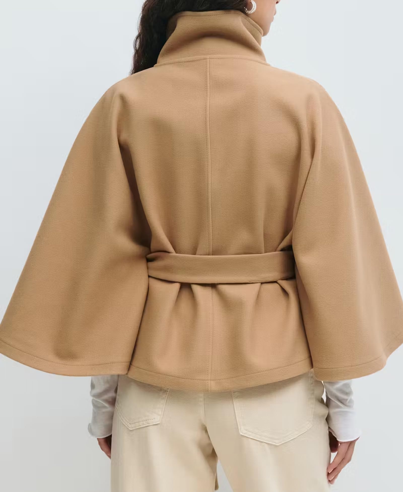 Generisch Poncho de lana con mangas de murciélago para mujer, con cinturón, cuello alto, chaqueta de capa corta