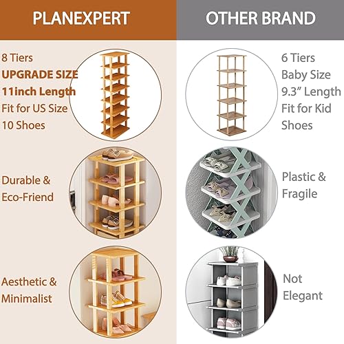 Miniatura 5 de Zapatero vertical apto para zapatos de talla 10, organizador de zapatos alto y estrecho para espacios pequeños, estante de zapatos delgado de bambú