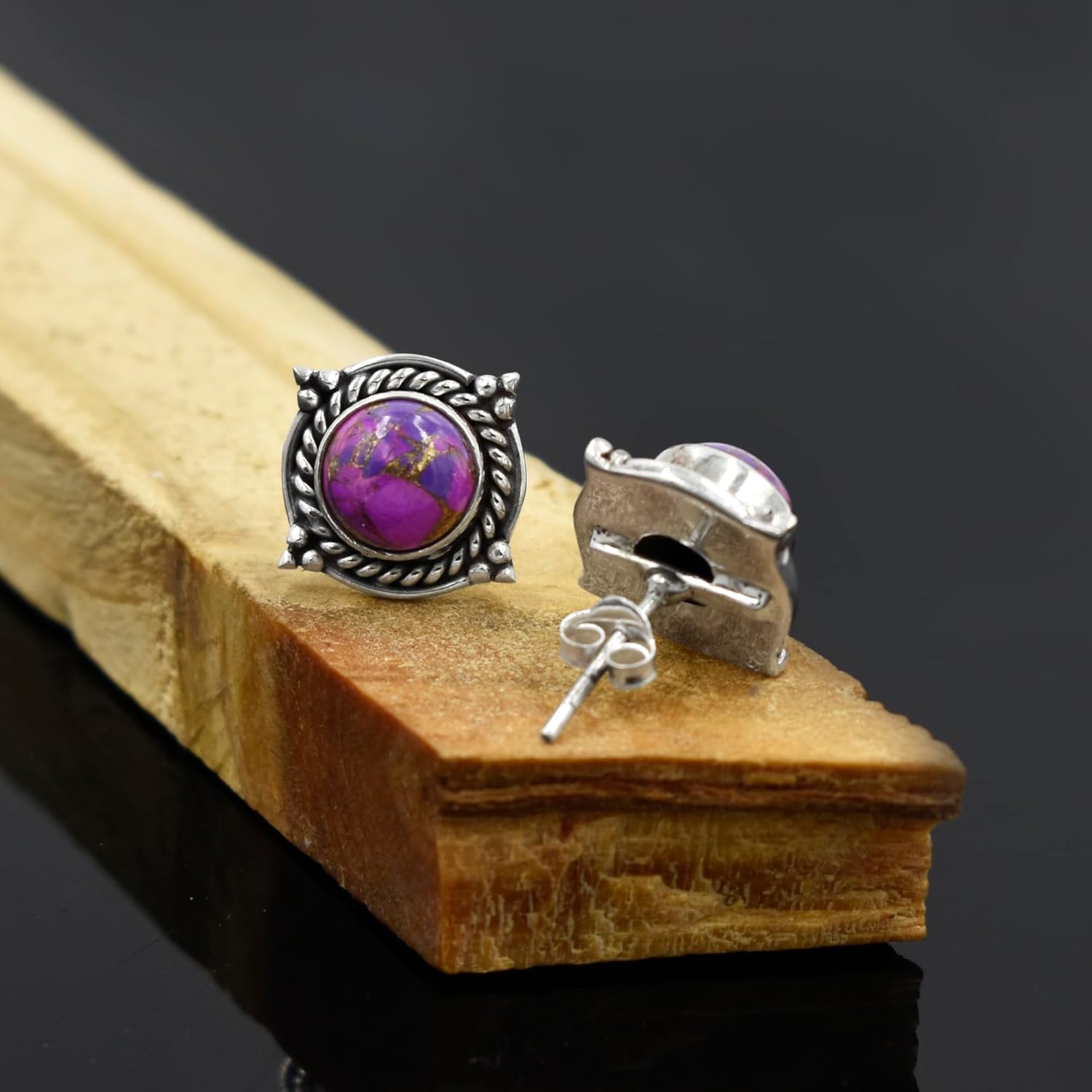 Purple Copper Turquoise Gemstone 925 Sterling Silver Studs Earring For Women And Girls Round Shape Handmade Studs Earring For Graduation, Teacher, Friend Unique Gift Ideas By NKG