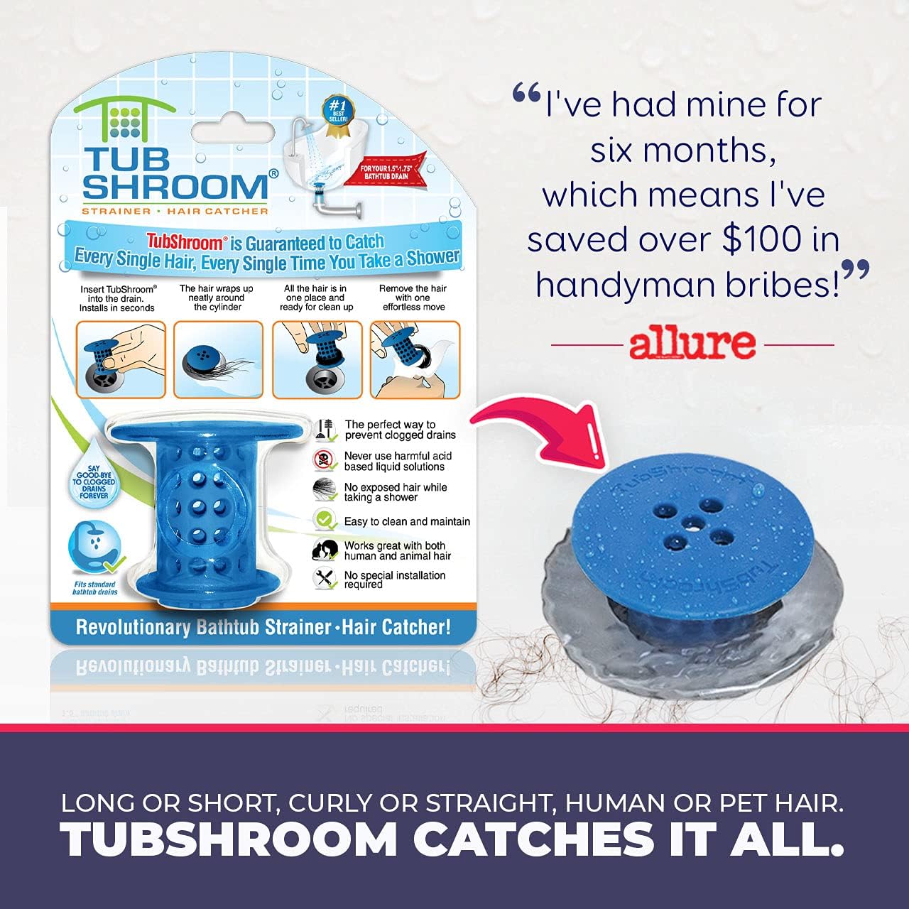 TubShroom Revolutionary Tub Drain Protector Hair Catcher/Strainer/Snare, Blue : Tools & Home Improvement