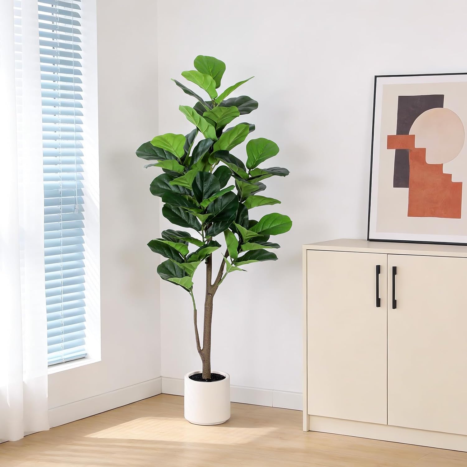 Artificial Fiddle Leaf Fig Tree 5FT with Planter Faux Trees Indoor Tall Artificial Tree, Stable Base, 58 Realistic Leaves, for Indoor/Outdoor Home Office Living Room Decor, Housewarming Gift