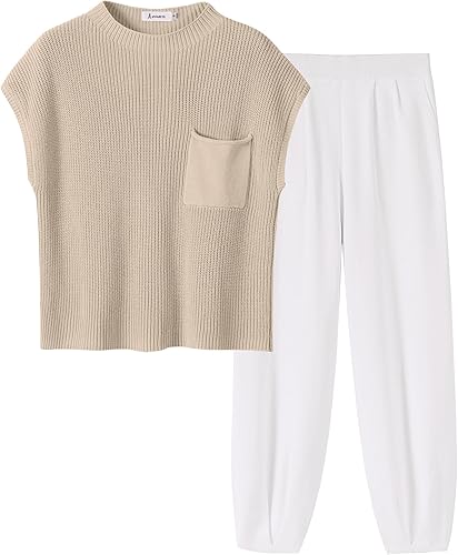 ANRABESS Conjunto de dos piezas para mujer, con suéter corto de punto tipo chaleco y pantalones a juego, ropa para ocio, ejercicio y viajes