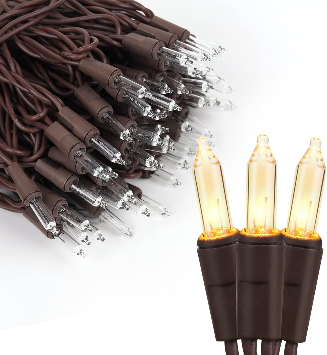 Brown Wire Christmas Lights String White 100 Mini Incandescent Outdoor Indoor Waterproof Xmas Tree Decoration Plug in 23 Feet Used for Patio Party Festive Courtyard Home