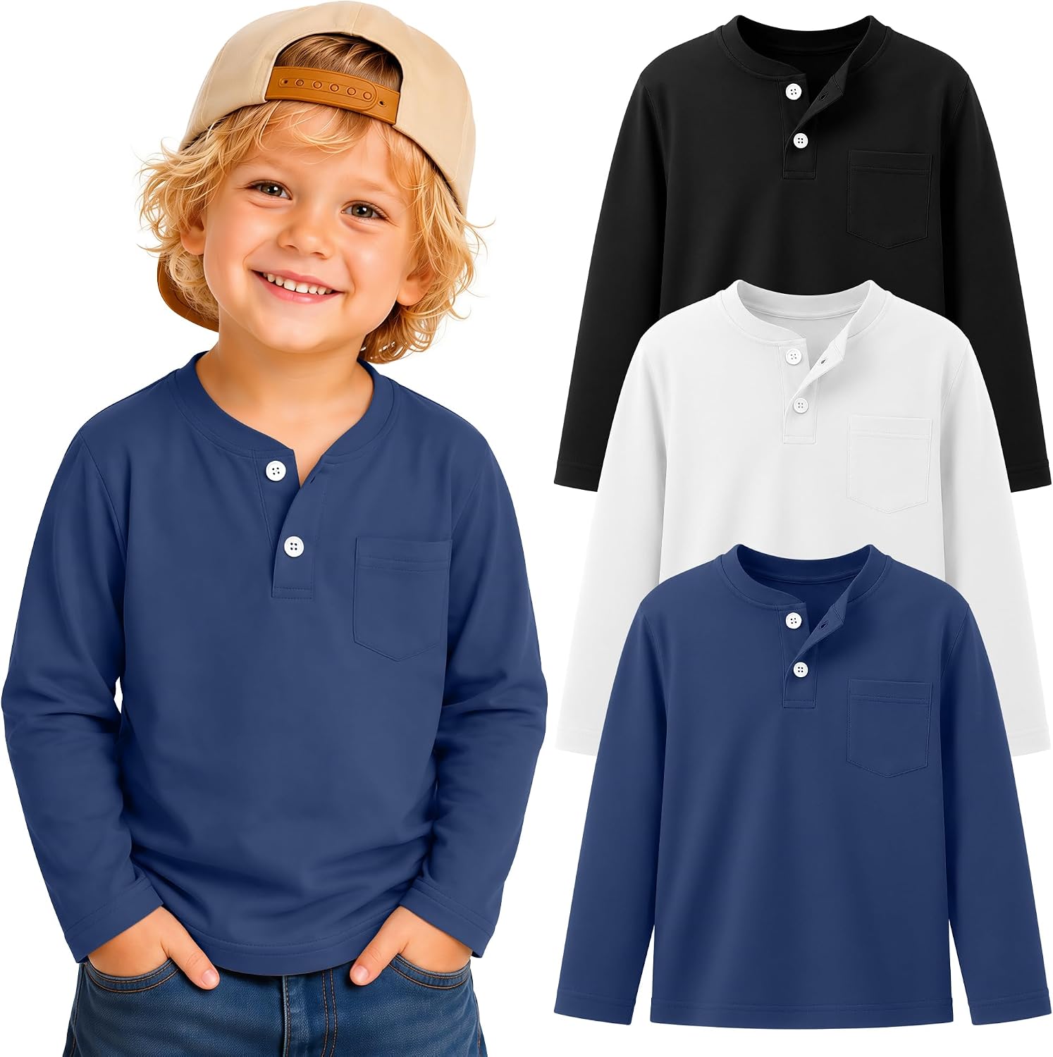 3 Pack Toddler Boy Long Sleeve Henley Tops 18M-5T