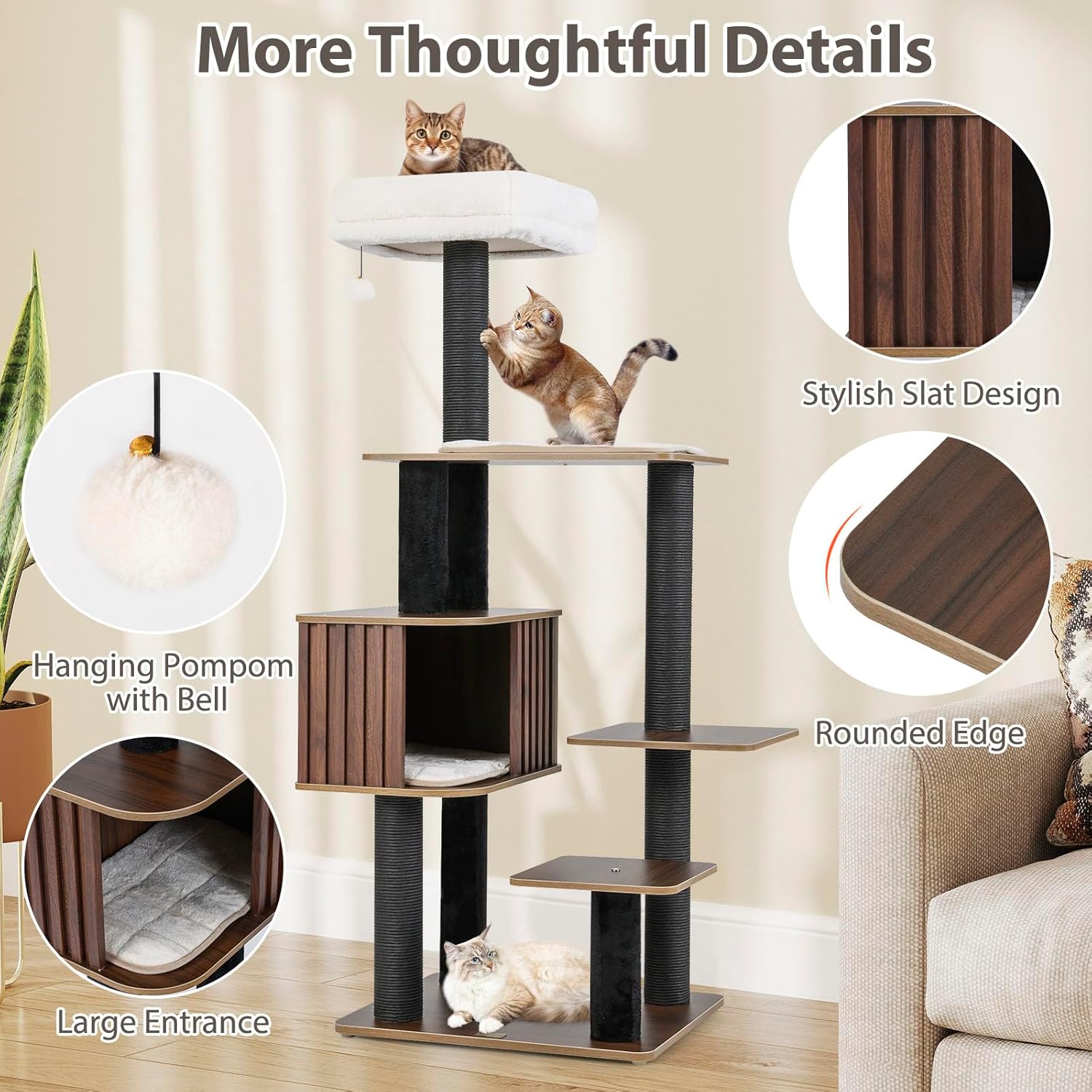 PETSITE 59.5 Inches Modern Cat Tree, Multi-Level Cat Tower with Scratching Posts, Large Condo with Removable Pad, Cushioned Soft Top Perch, and Interactive Dangling Ball (Brown)