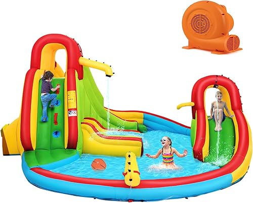 KOTEK Tobogán acuático inflable, casa inflable de parque acuático 8 en 1 para niños al aire libre con soplador, 2 toboganes, 2 paredes de escalada,