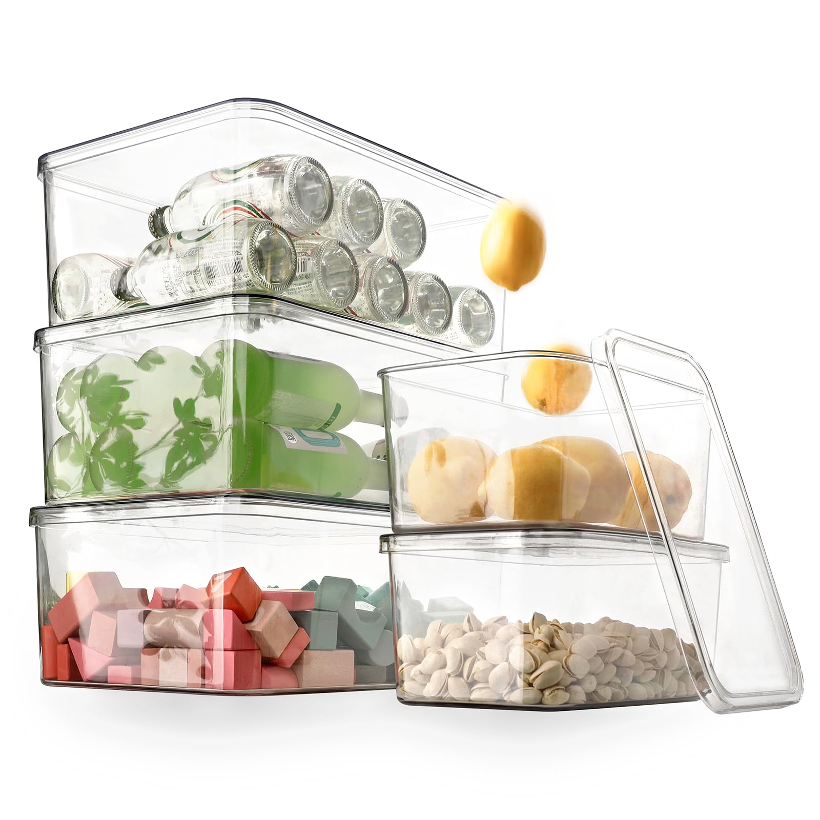 Clear Storage Bins With Lids,5 Packs Food Storage Organizer,Cabinet Storage Basket for Clothing, Towels, Cosmetics, Kitchen Storage Containers,Transparent Pantry Containers (3L+2S)