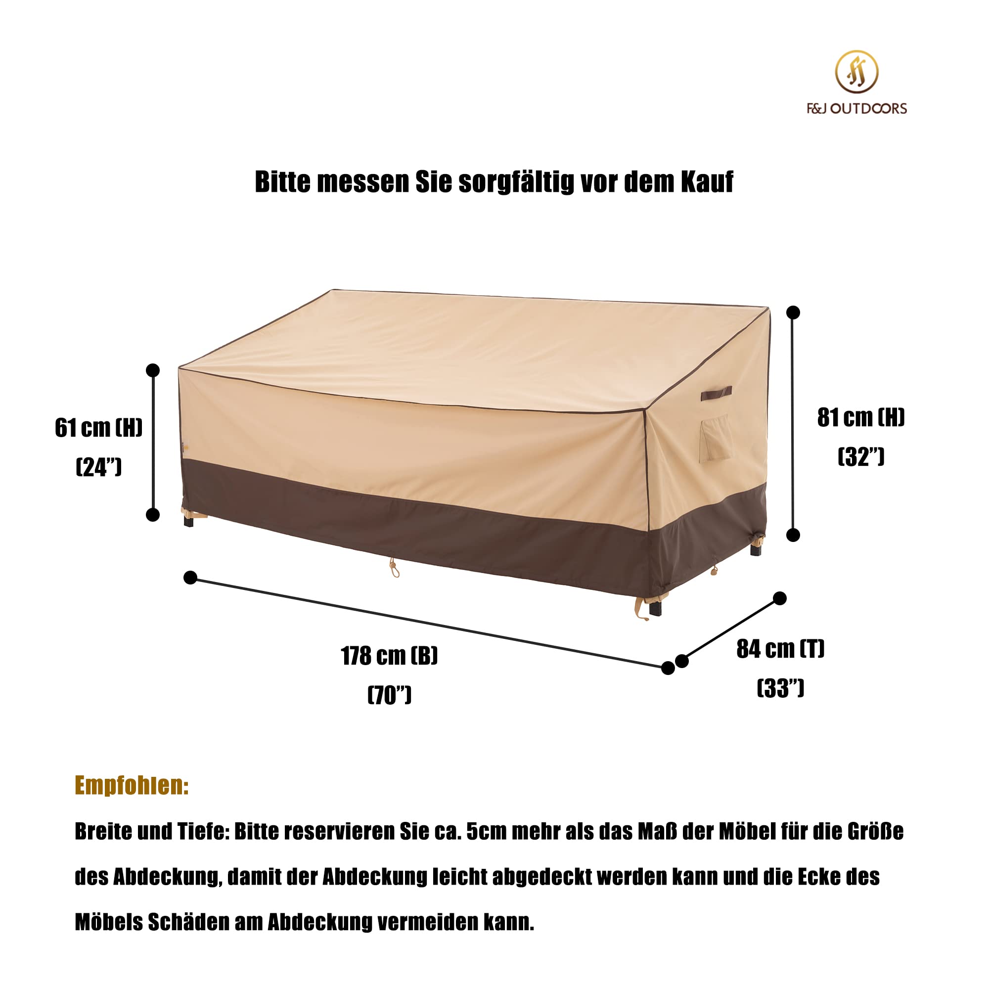 F&J Outdoors Abdeckhauben für Garten Loveseats Wasserdicht UV Beständige 2-Sitzer Lounge 3-Sitzer Sofas Schutzhülle Gartenbänke Bank Plane (Beige:178x84x81/61cm)