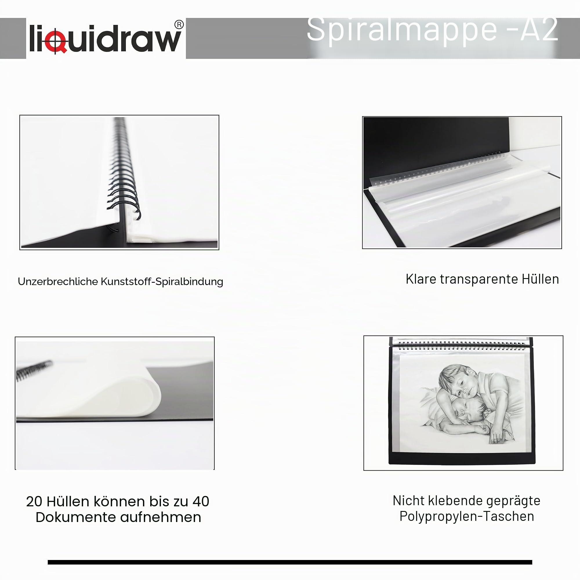 Liquidraw A2 Kunst-Portfolio-Hülle für Künstler mit 20 Einlagen Aufbewahrung Spiralordner
