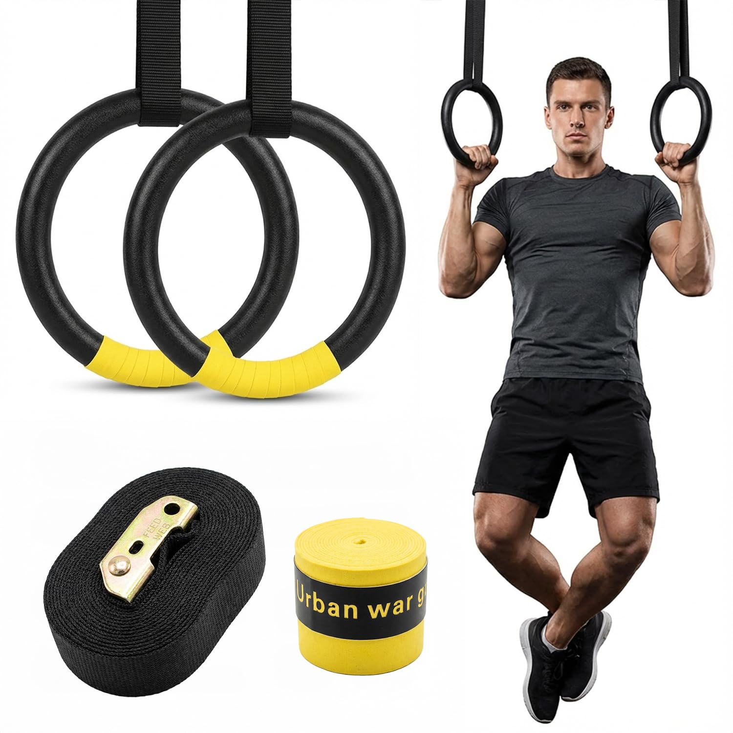 Boldfit Gymnastic Rings for Workout with Buckle Strap & Grip Abs Calisthenics Equipment for Pull Ups Exercise Gymnastic Rings for Men Warmup in Gym, Home Training Calisthenics Rings - 1 Pair Black