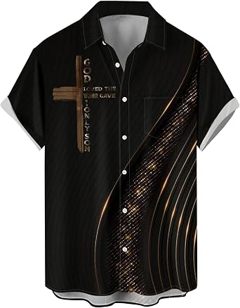 wihnsinop Mens Casual Button Down Shirts Mid Century Geometry Chest Pocket Short Sleeve Hawaiian Shirt
