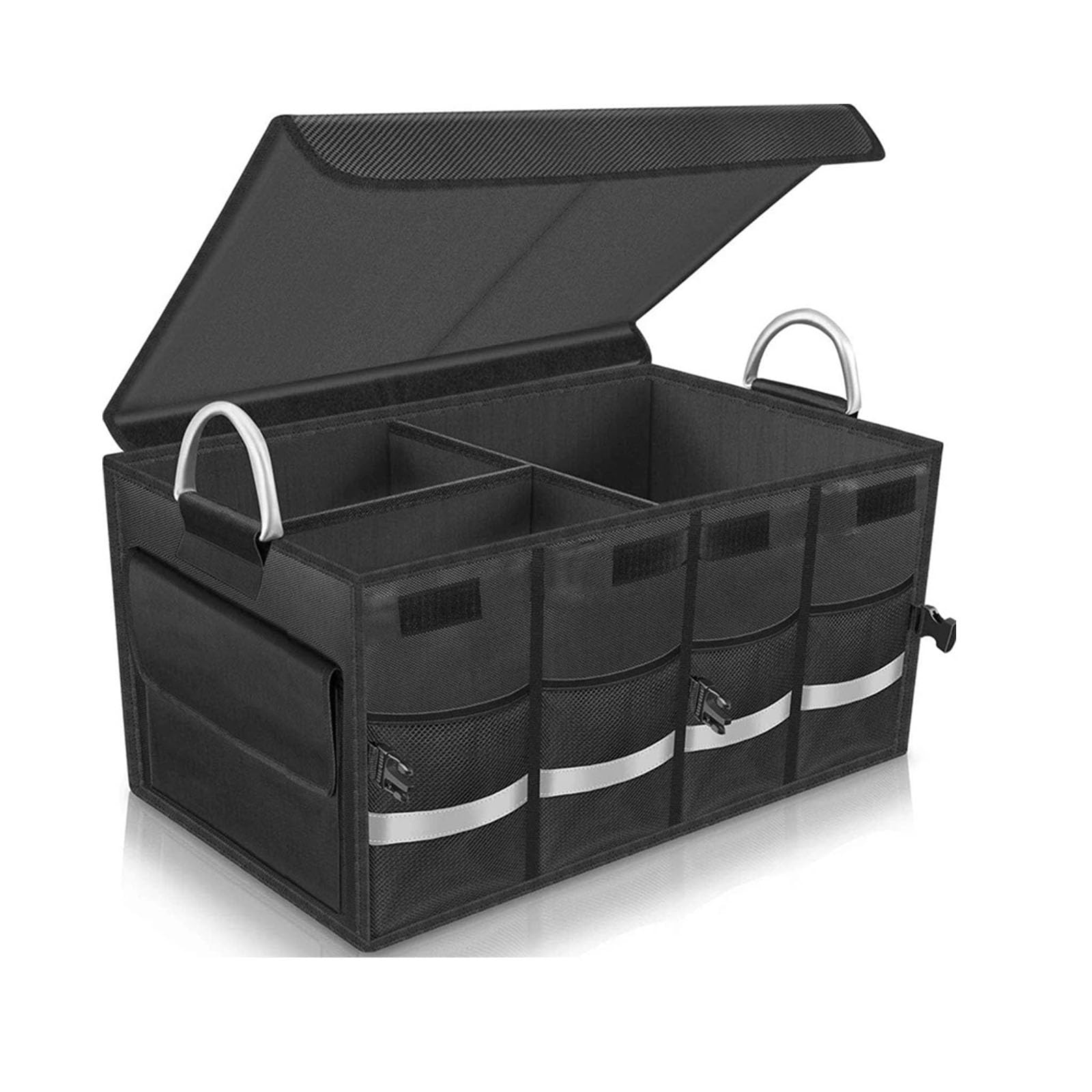 Organiseur de coffre de voiture, pliable, plusieurs compartiments, rangement pliable pour accessoires de voiture, fond antidérapant, sangles de sécurité, couvercle souple, 50 L