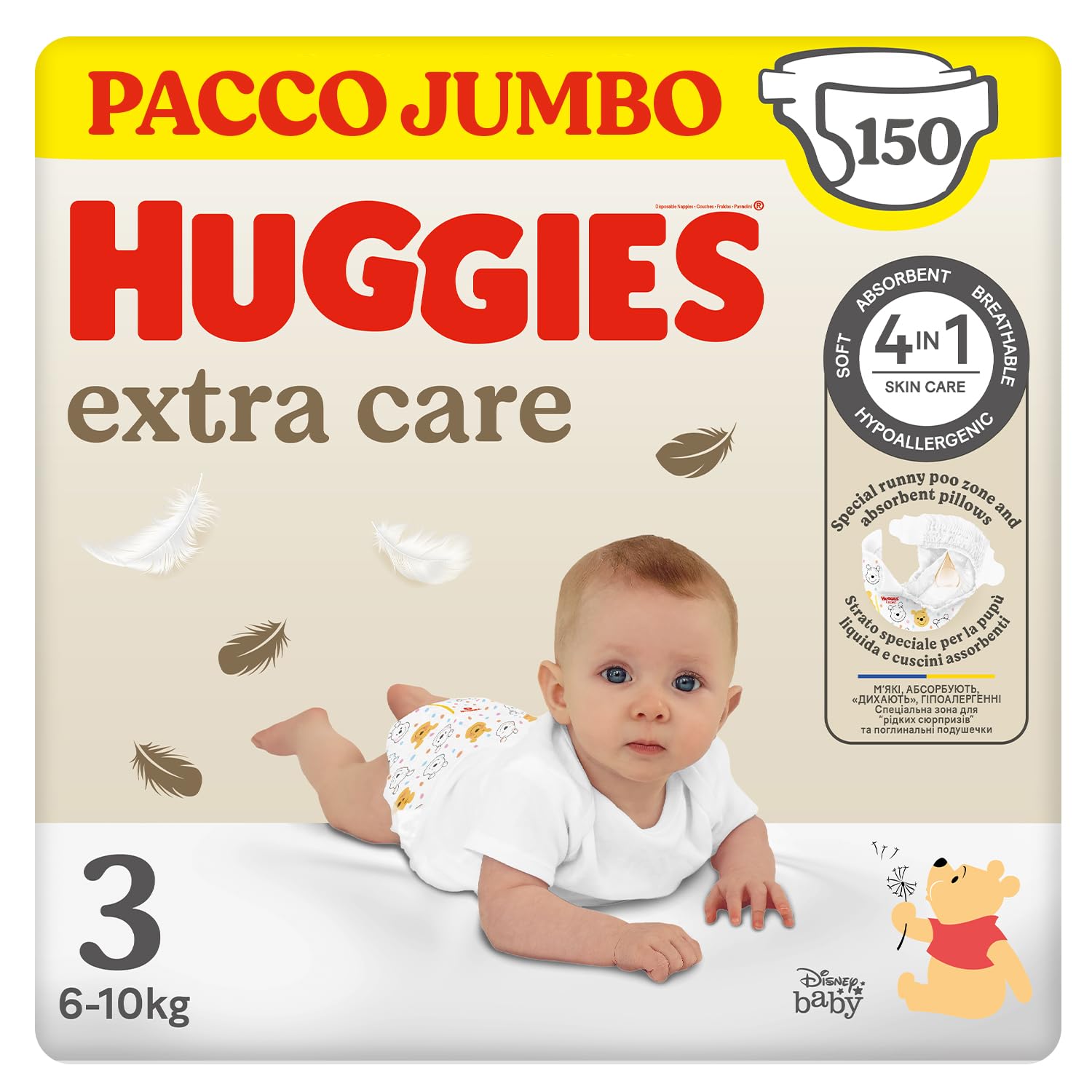 Huggies Extra Care, Pannolini Taglia 3 (6-10Kg), Ultra assorbente, Design Disney, 150 Pz